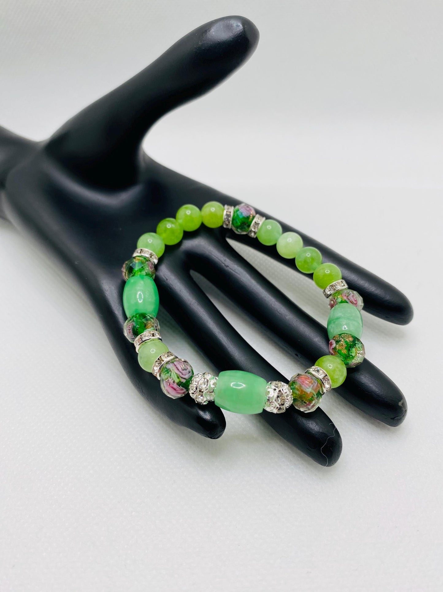 Peridot Bracelet: Green Lampwork Glass Beads, Silver Rhinestone Accents