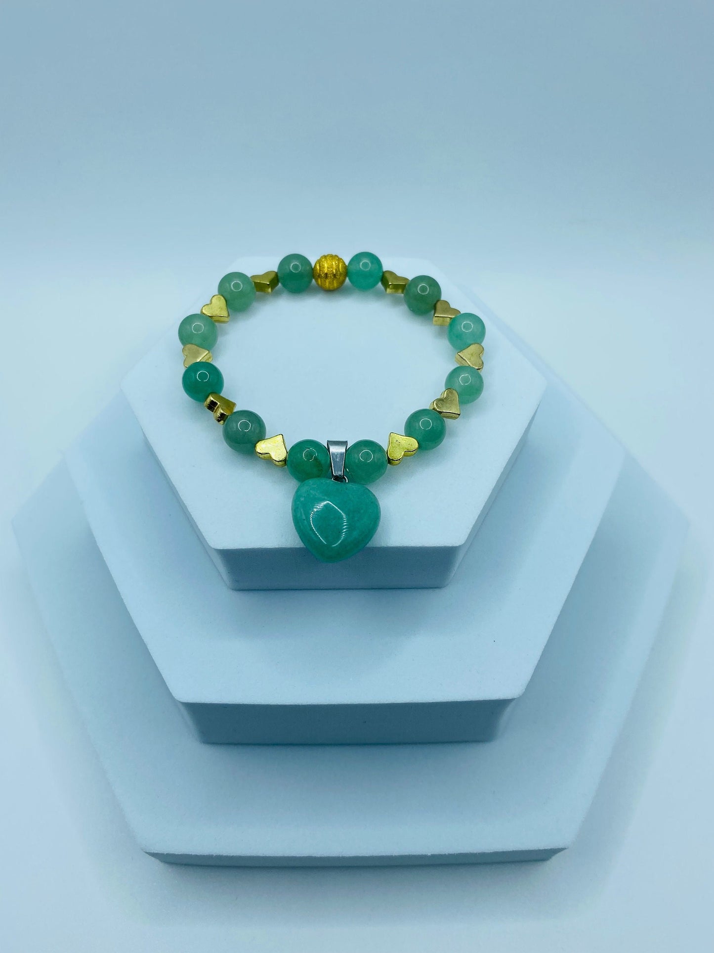 Handmade Green Aventurine Heart Bracelet: 18K Gold Plated Charms