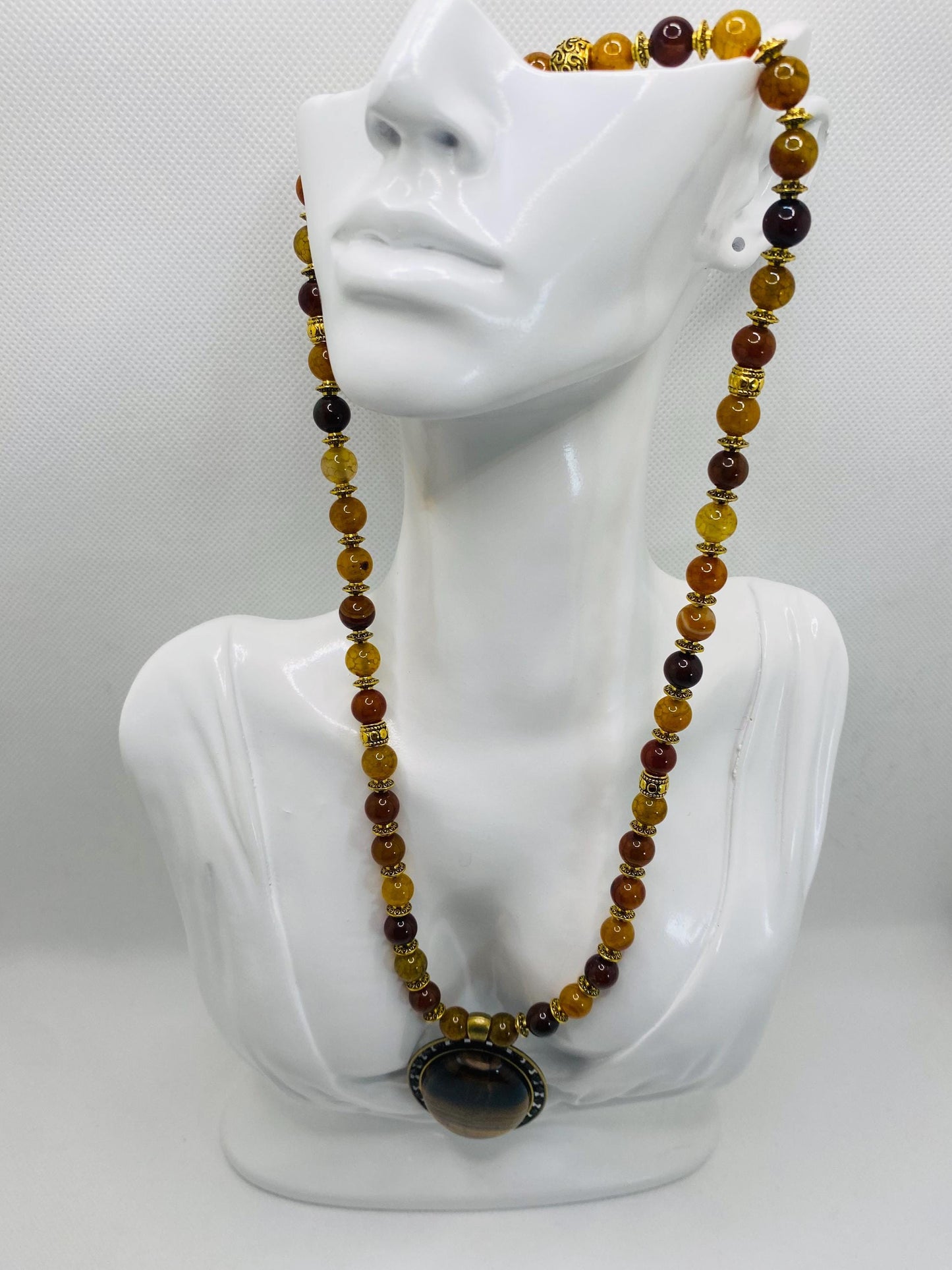 Tigers Eye & Dragon Vein Agate Necklace: Tibetan Style Gemstone Jewelry