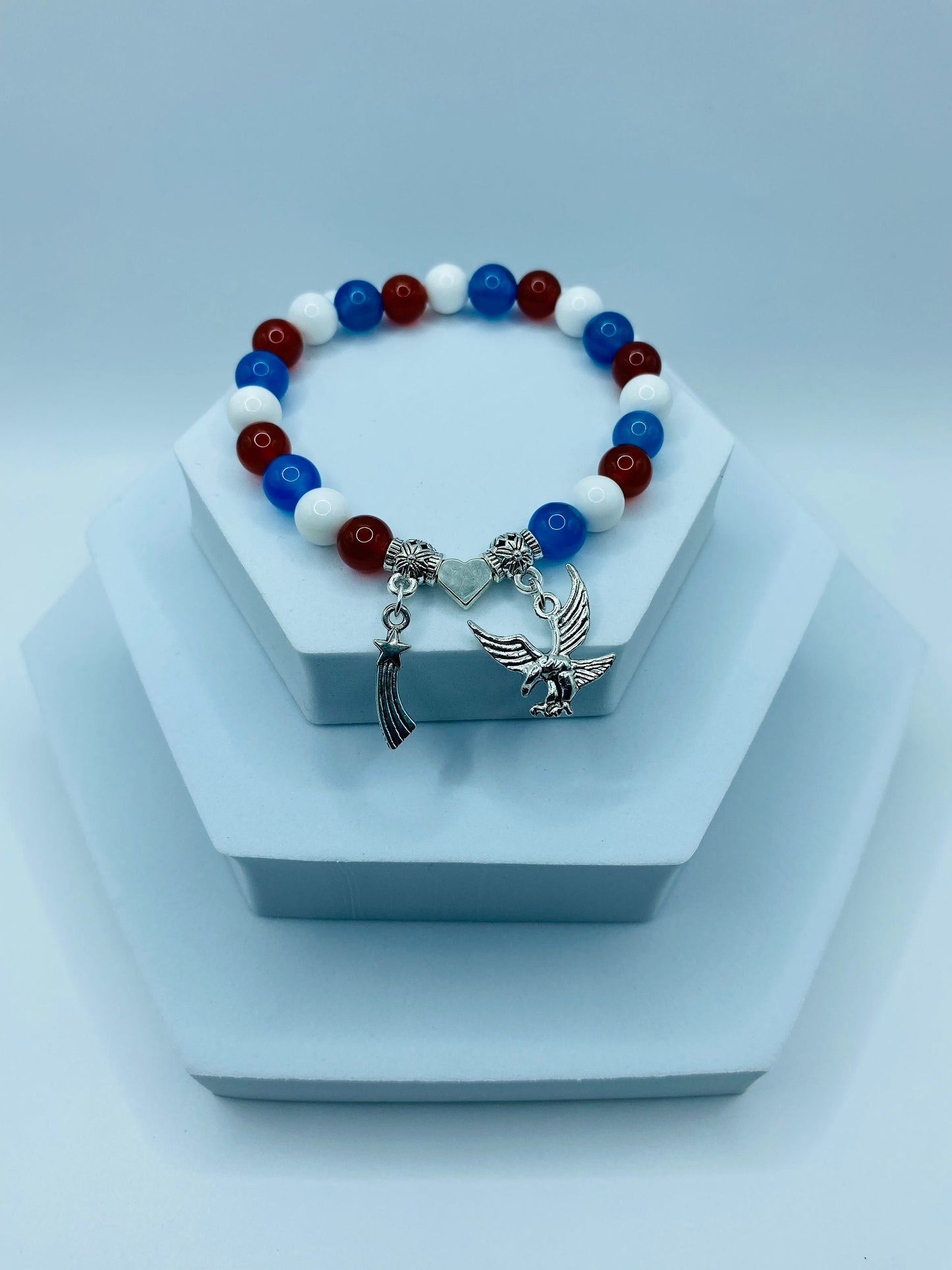 Red White Blue Gemstone Charm Bracelet: Eagle, Star, Heart