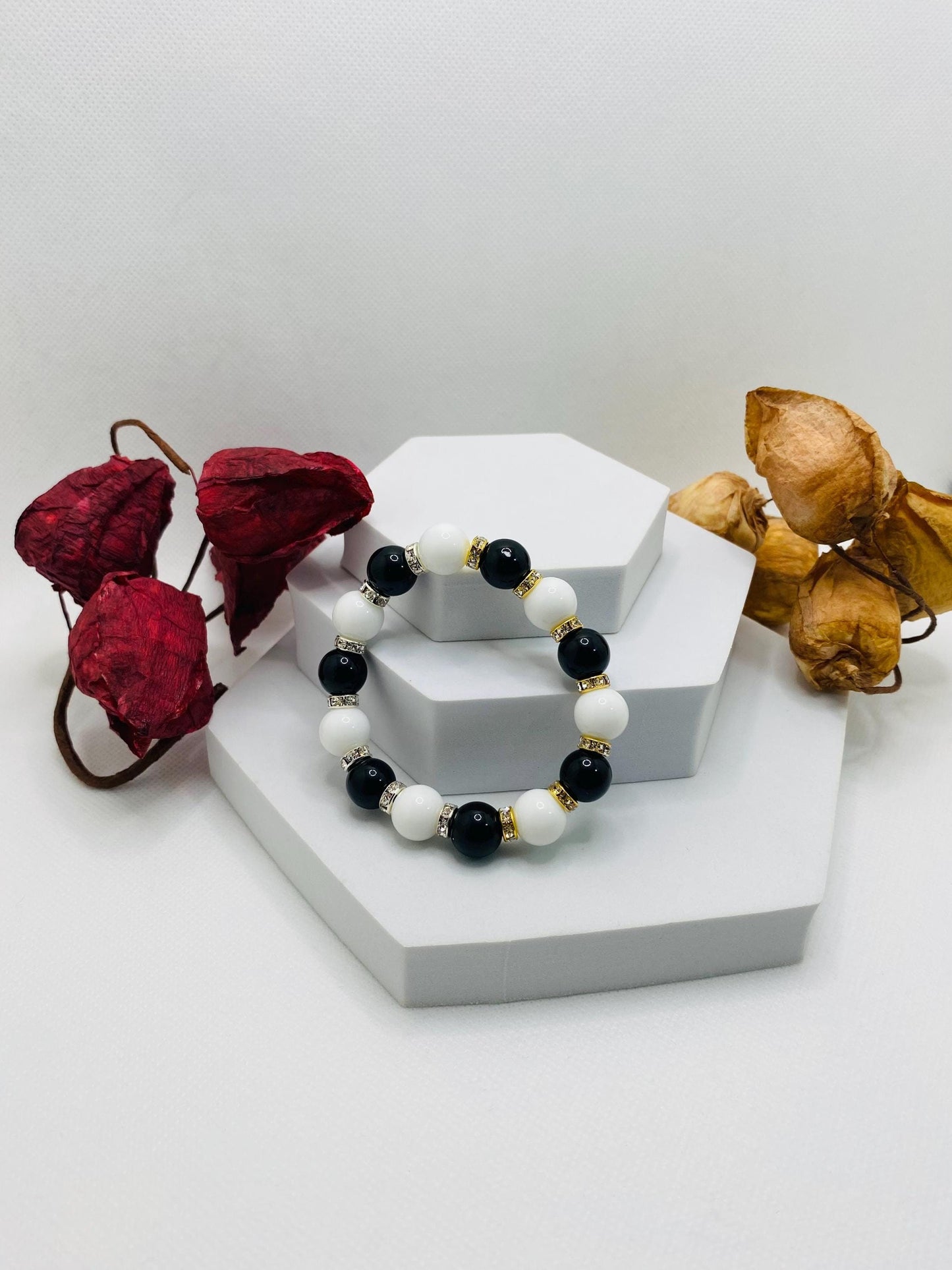 Onyx Gemstone Beaded Bracelet: Black & White Handmade Jewelry