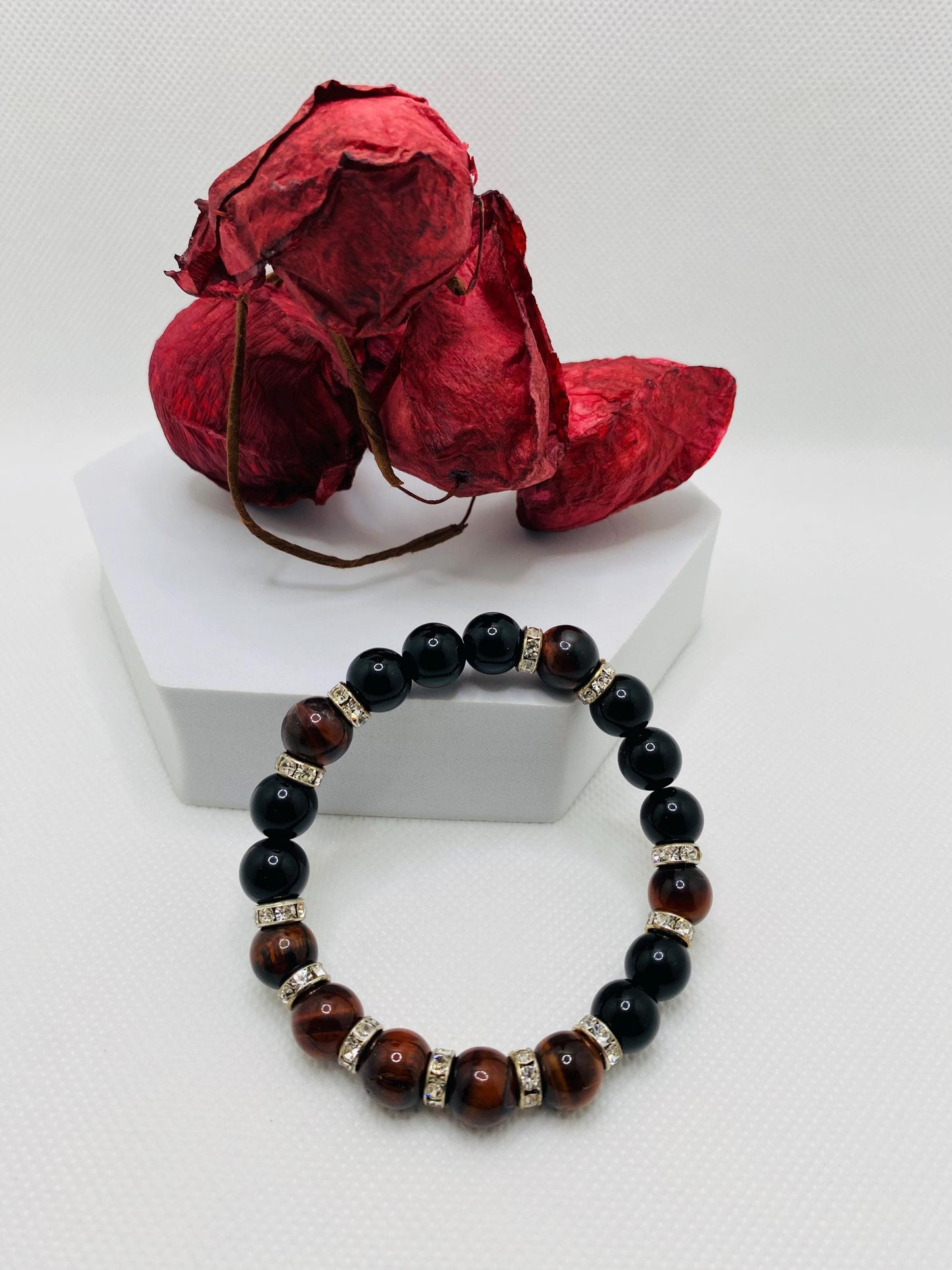 Mens Black Onyx & Red Tiger's Eye Beaded Bracelet: Handmade Gemstone Jewelry
