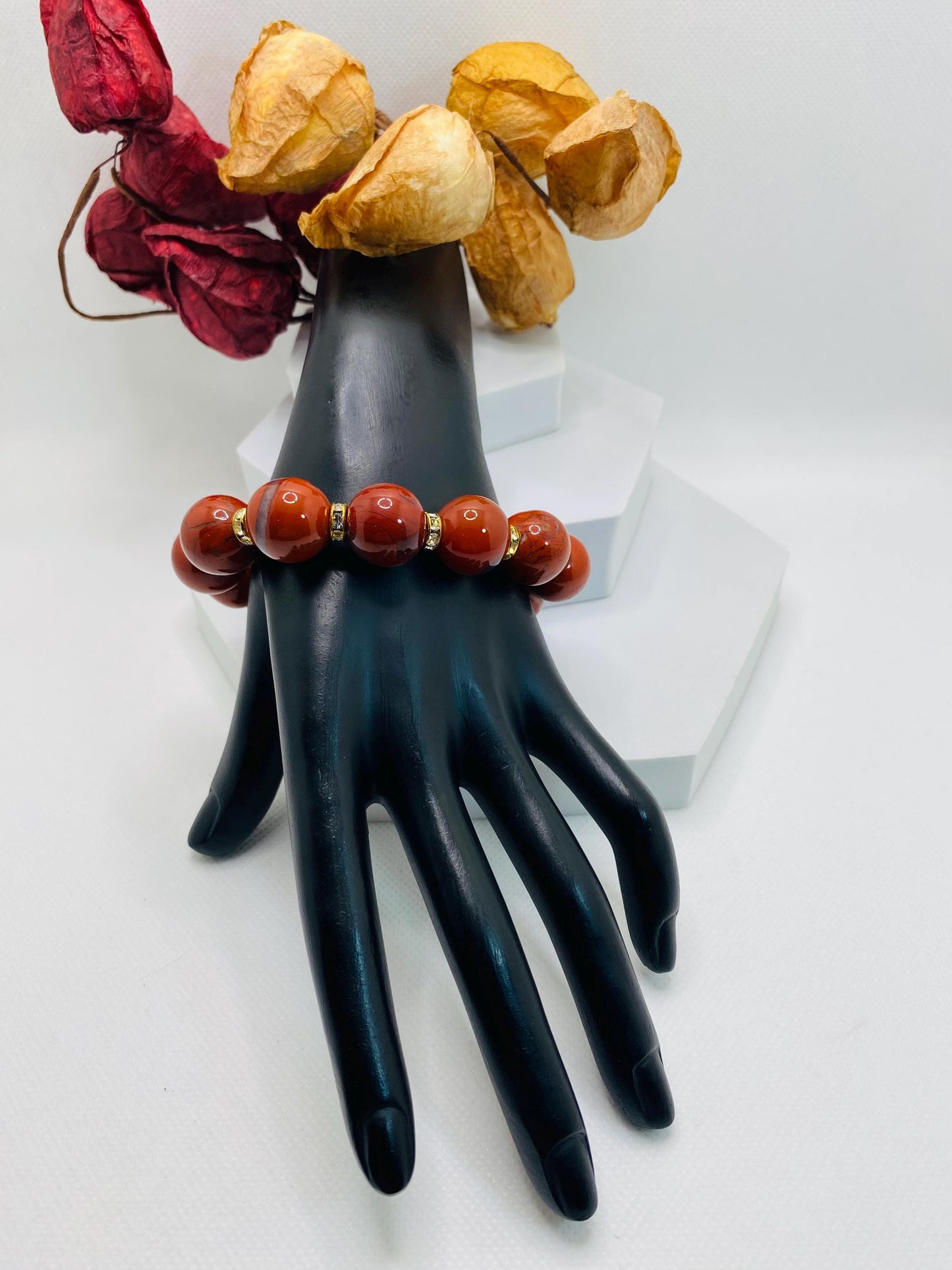 Handmade Chunky Red Jasper Bracelet: Rhinestone Gemstone Jewelry