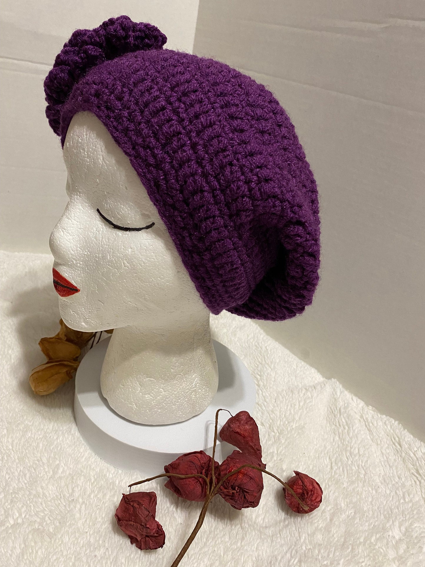 Handmade Crochet Hat with Flower: Purple Acrylic Beanie