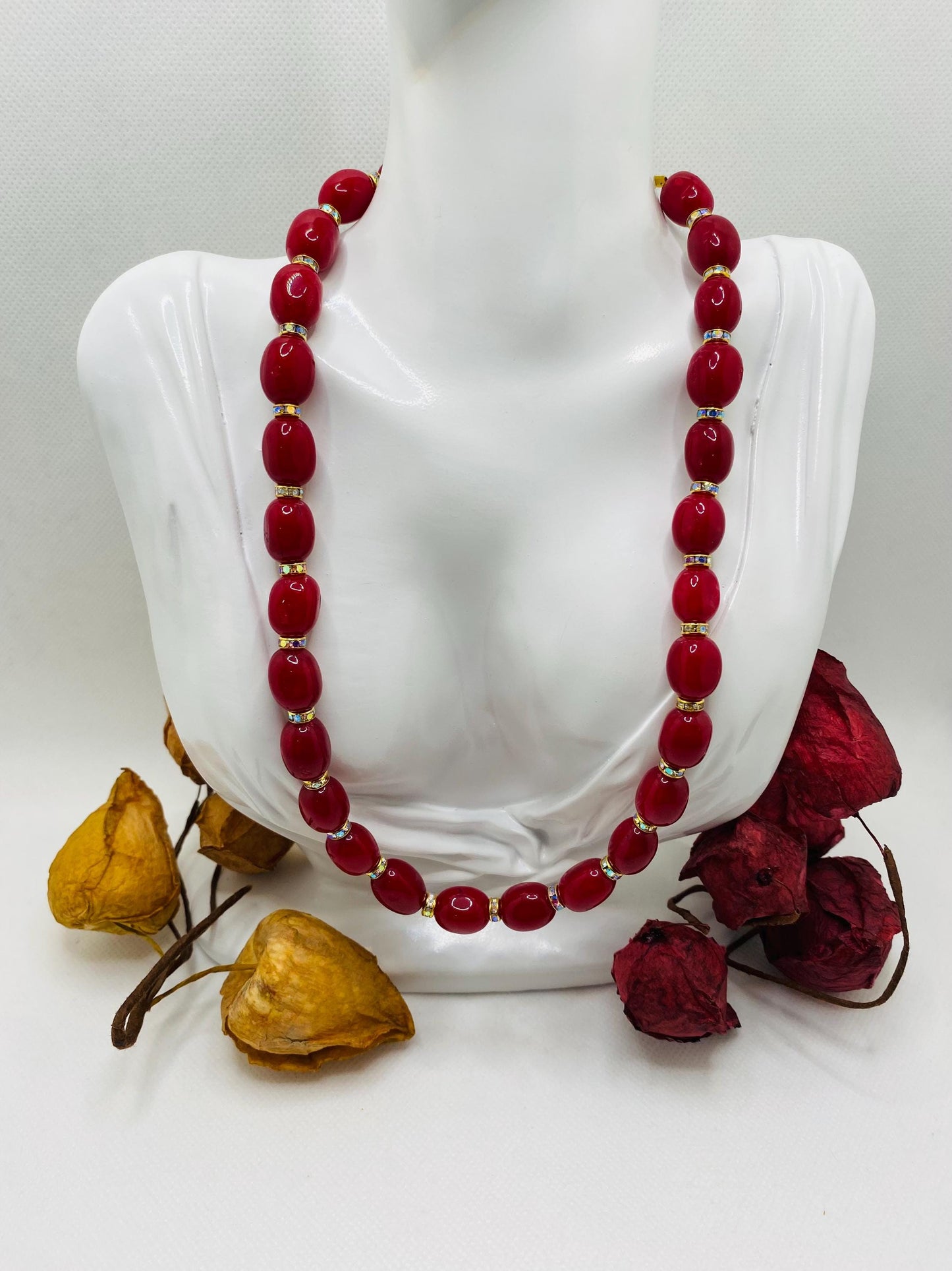 Red Jade Gemstone Necklace: Rhinestone Rondelles, Magnetic Clasp