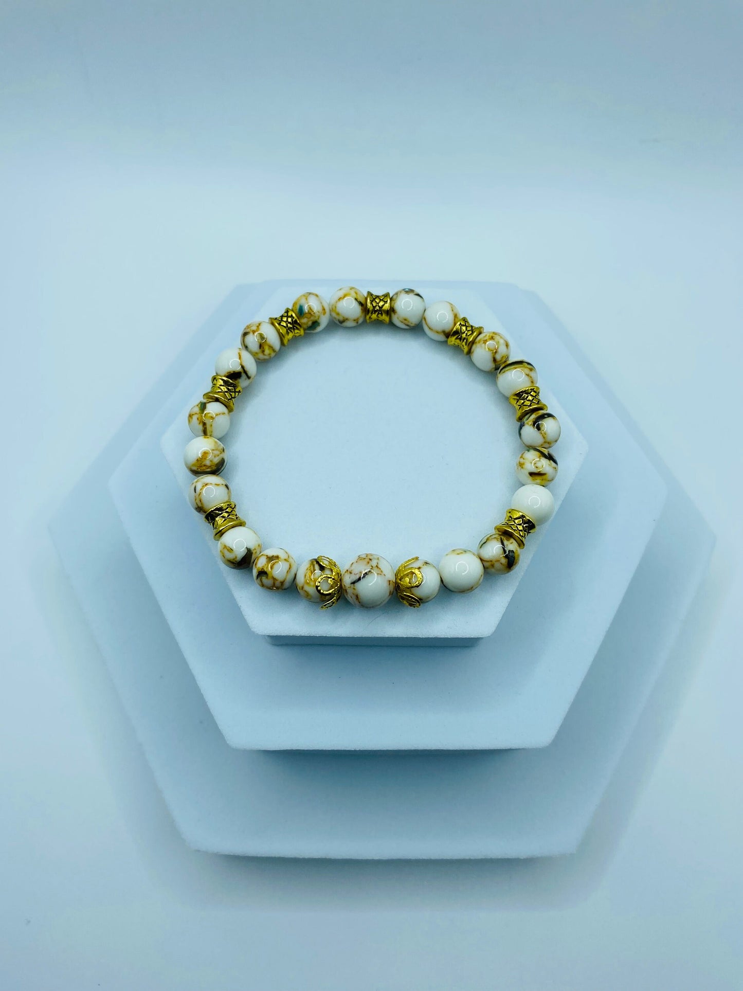 Handmade White Turquoise Bracelet: Tibetan Gold Spacers