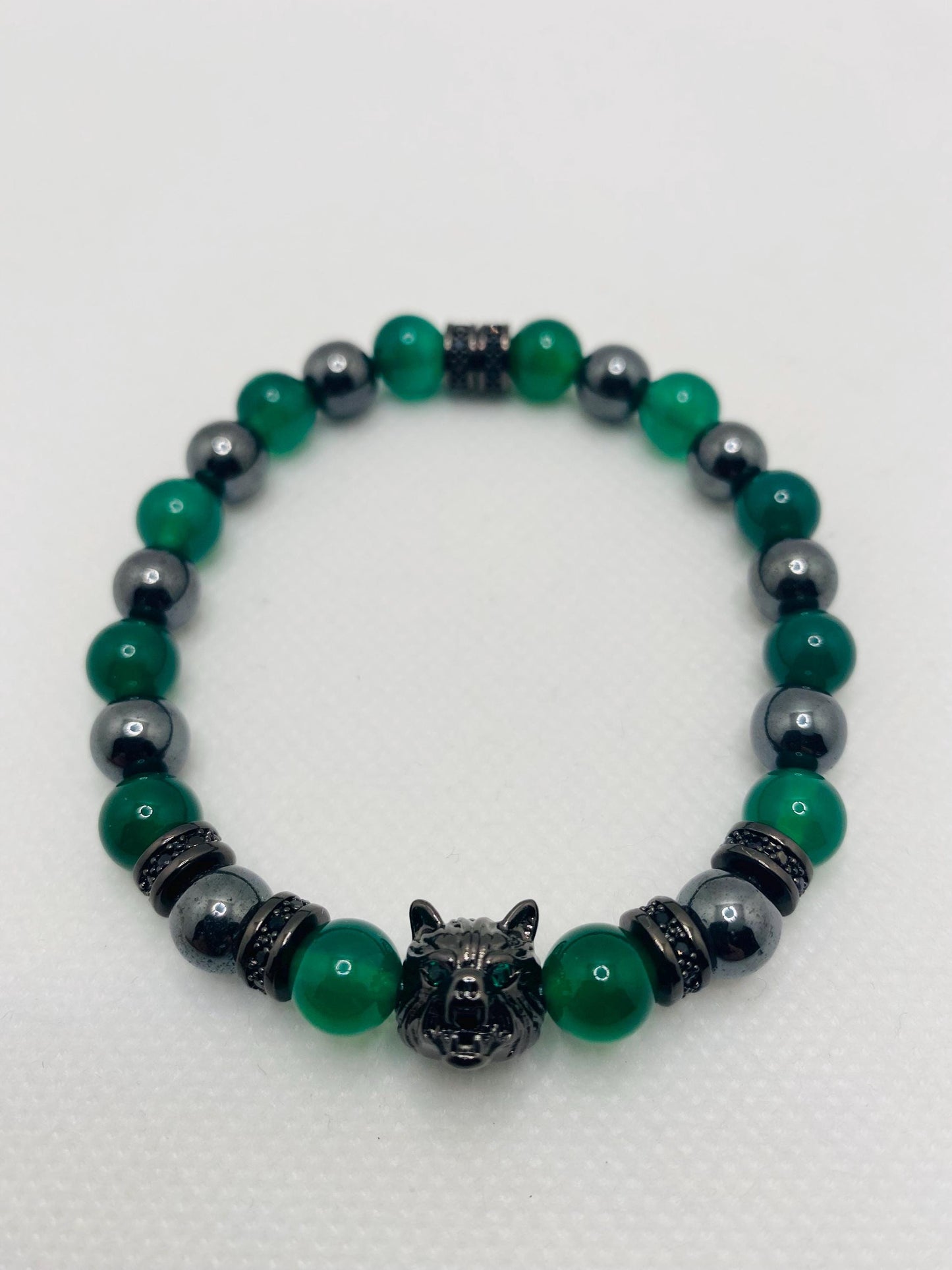 Black Wolf Charm Bracelet: Jade & Hematite Gemstone Beads