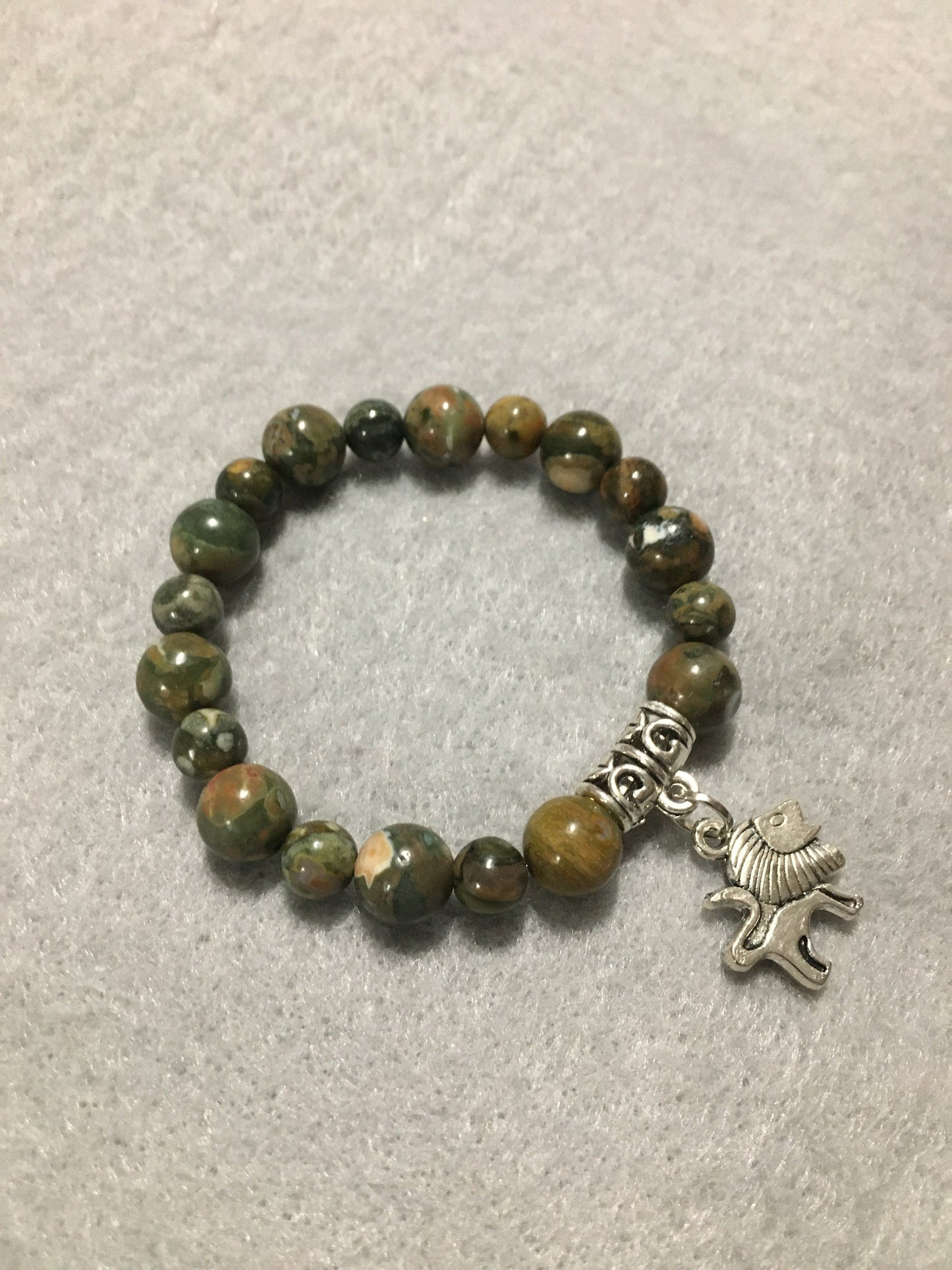 Lion Charm Bracelet: Rhyolite Gemstone Beads, Antique Silver Lion