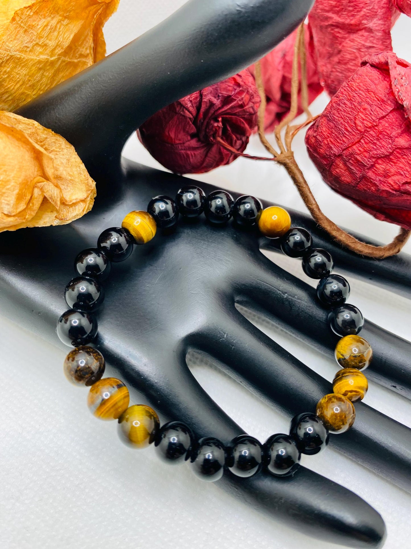 Handmade Onyx & Tiger's Eye Gemstone Beaded Bracelet