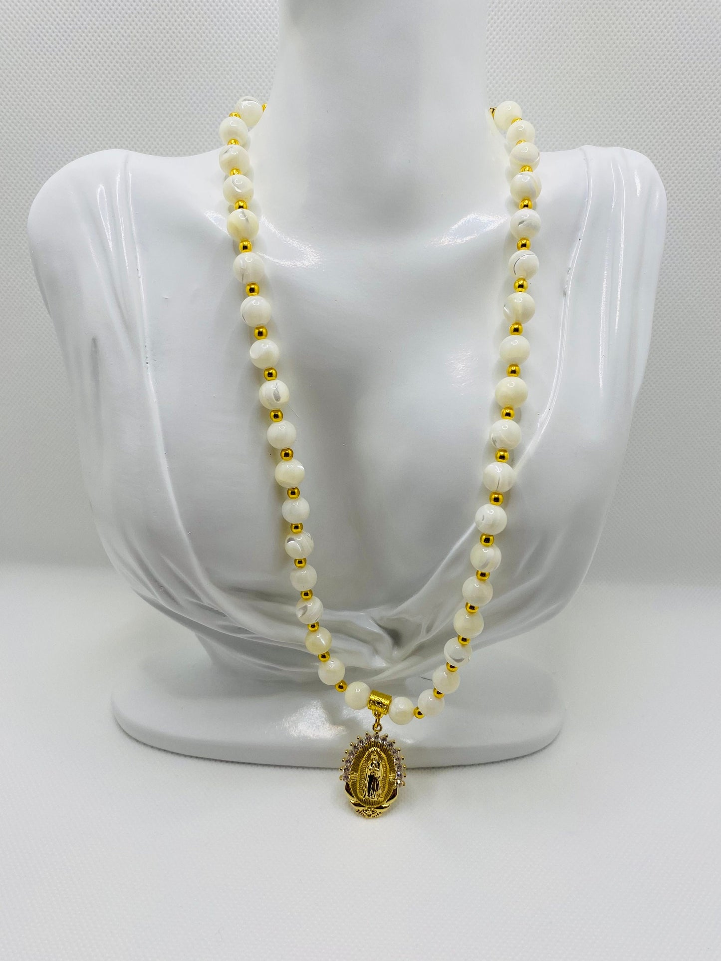 Mother of Pearl Necklace: Virgin Mary Pendant, Gold Stainless Steel