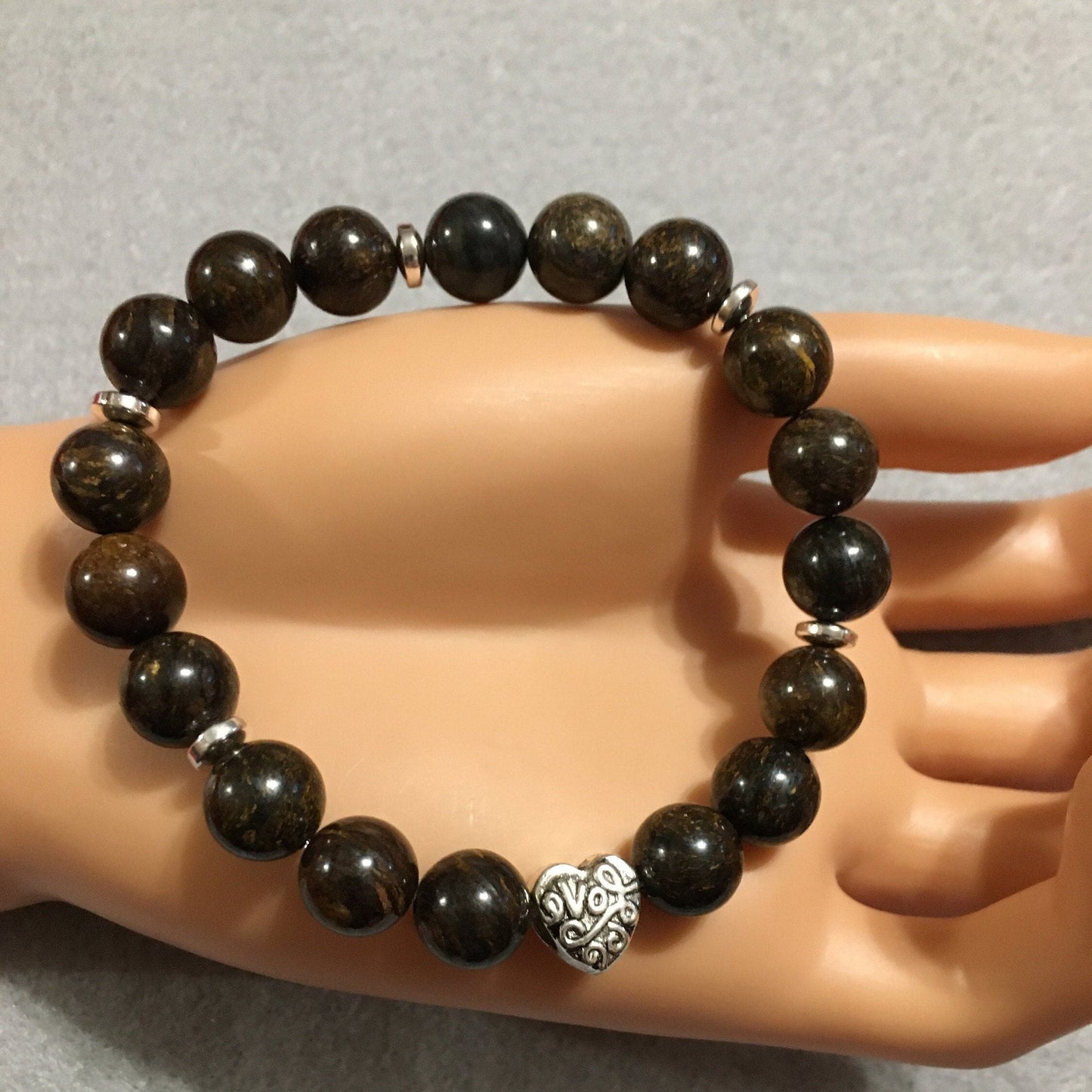 Bronzite Gemstone Bracelet with Love Heart Charm & Hematite Spacers
