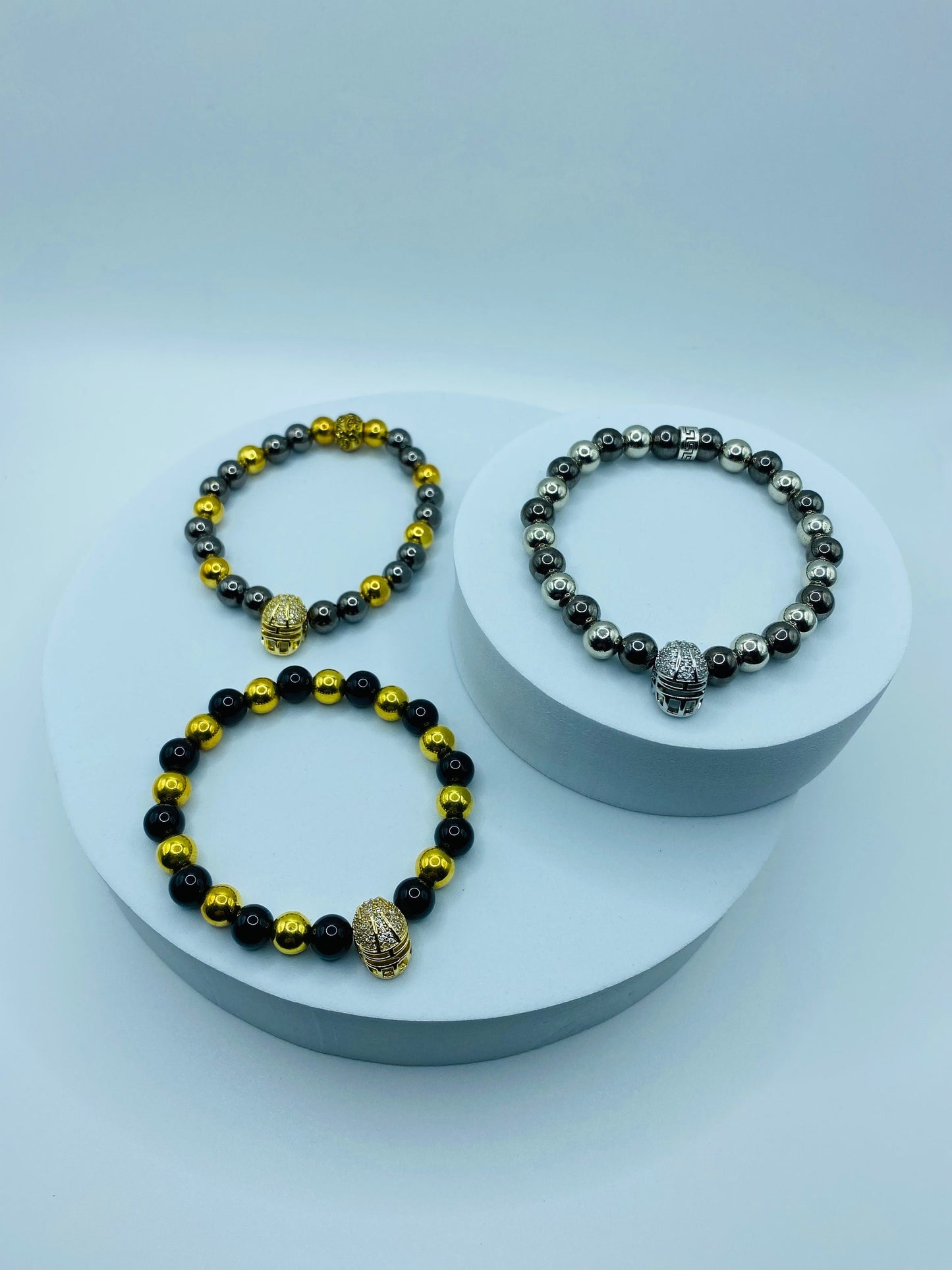 Las Vegas Raiders Bracelet: Hematite Gemstone Beads, CZ Football Helmet