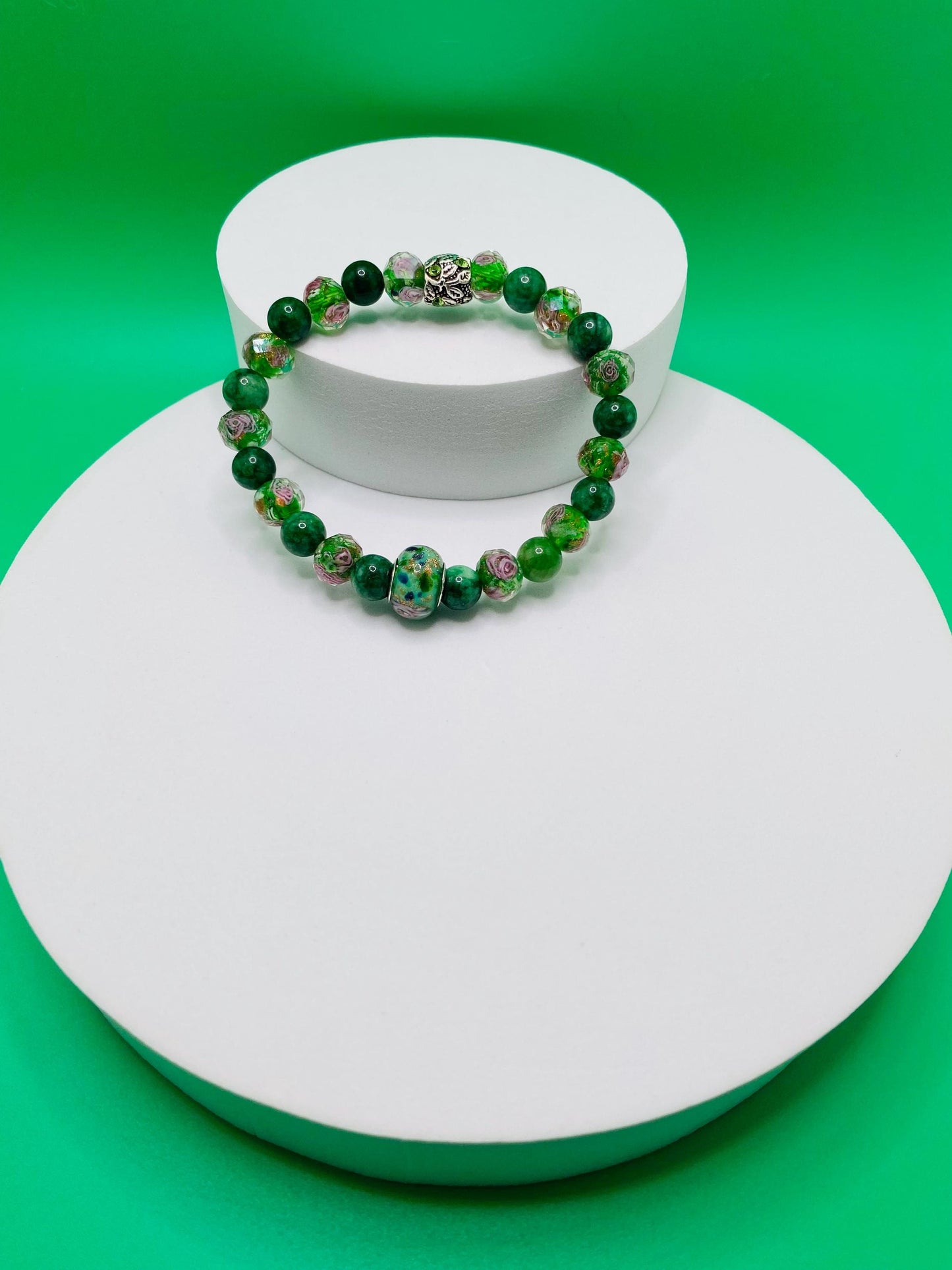 Lampwork Glass & Chalcedony Beaded Bracelet: Handmade Floral Jewelry