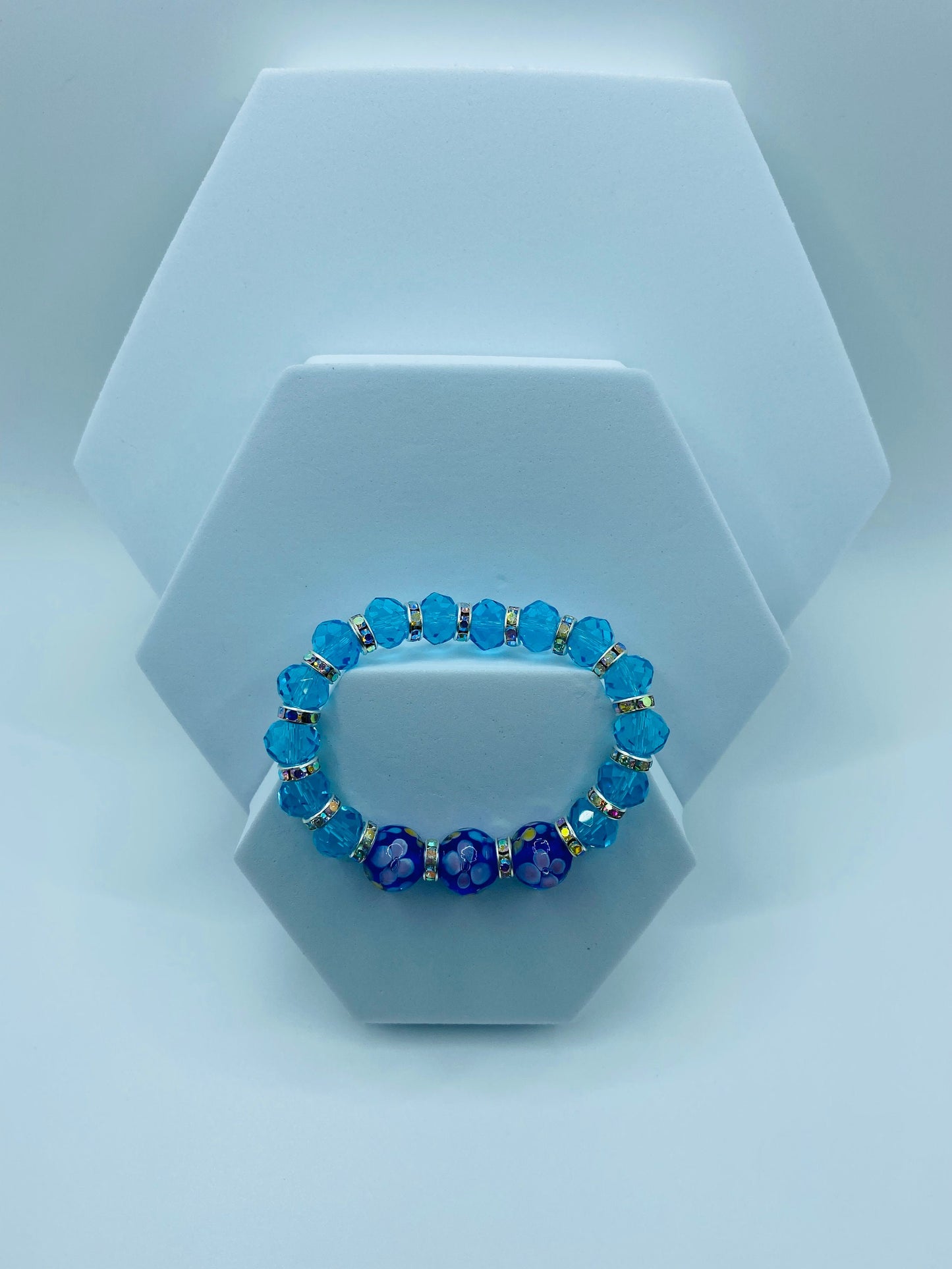 Blue Topaz Crystal Bracelet: Lampwork Floral Glass Beads, Rhinestone Rondelles