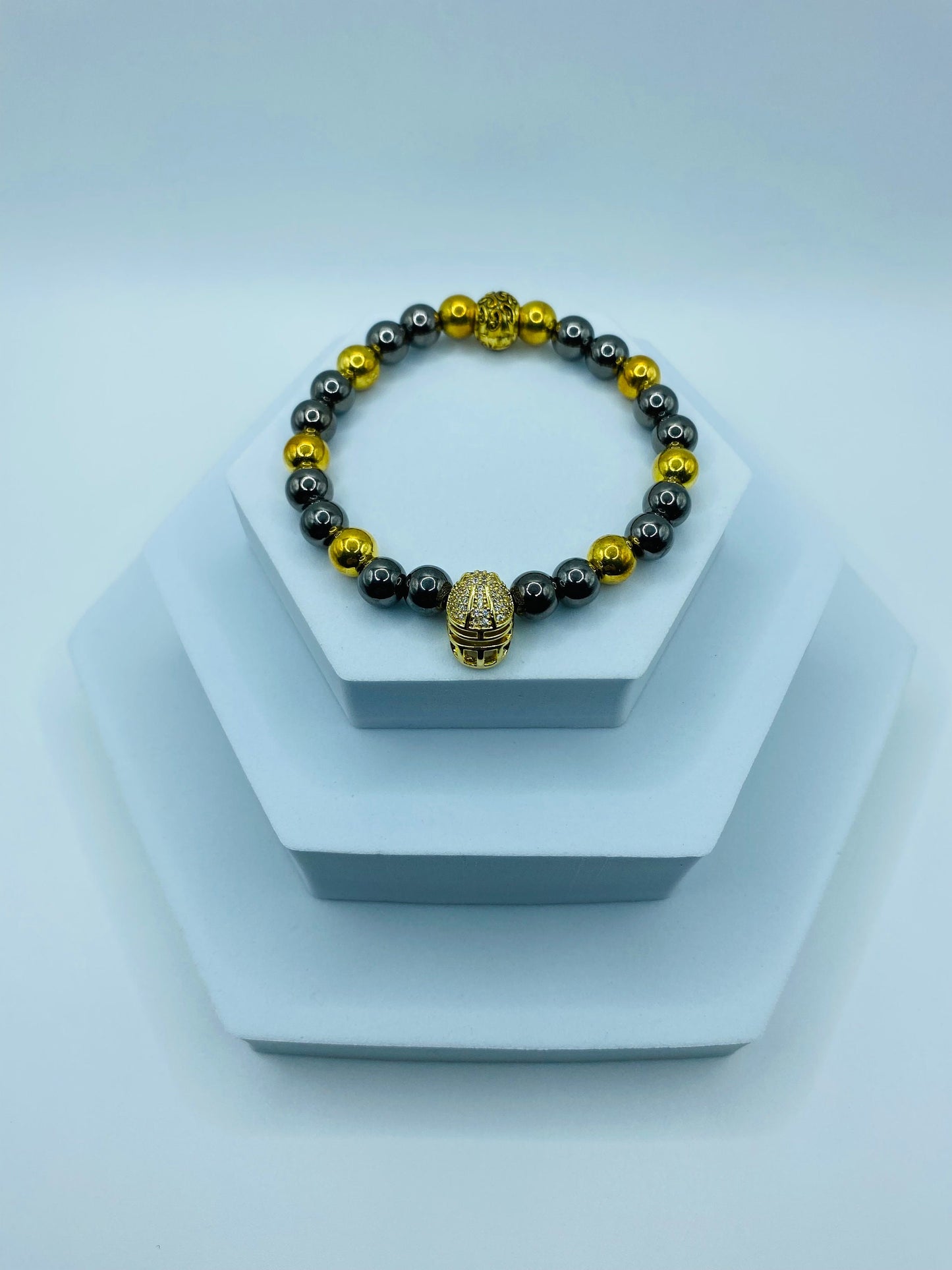Pittsburgh Steelers Bracelet: 18k Gold Plated Hematite, CZ Football Helmet