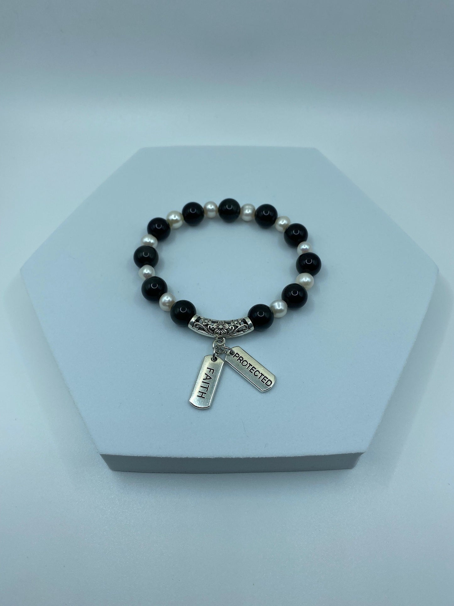 Onyx & Pearl Charm Bracelet: Inspirational Word Charms, Handmade