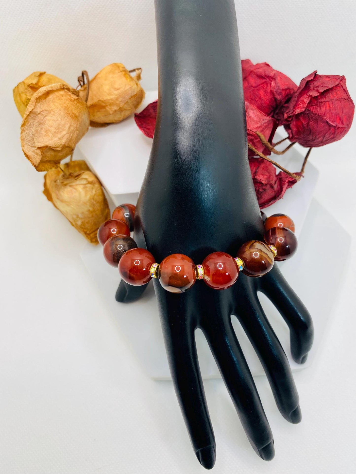 Chunky Dream Agate Bracelet: Rhinestone Rondelle Spacers, Handmade Jewelry