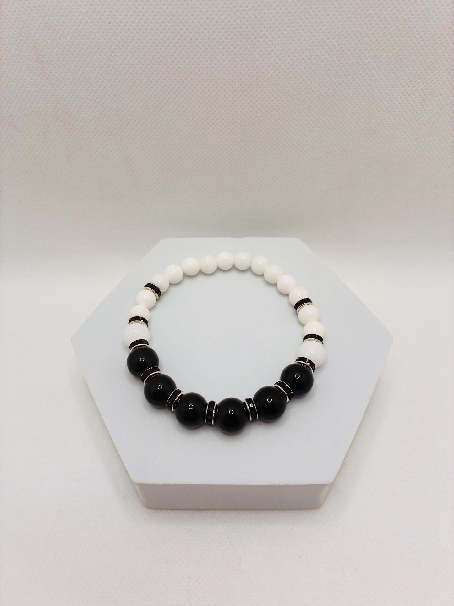 Onyx Gemstone Beaded Bracelet: Black & White Rhinestone Handmade Jewelry