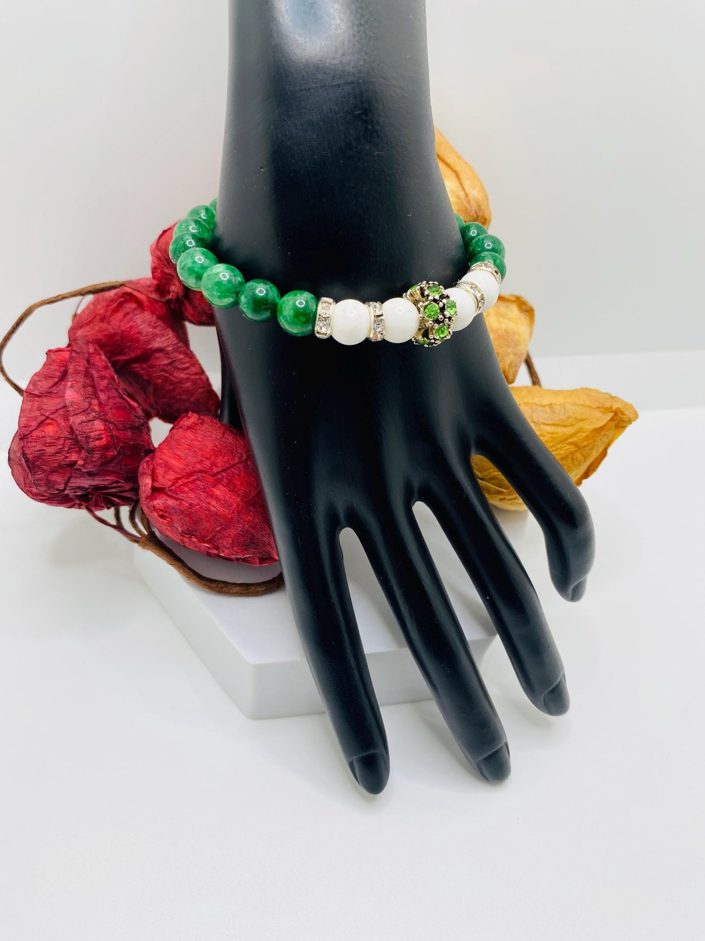 Jade Charm Bracelet: Agate Beads, Silver Rhinestone Charm