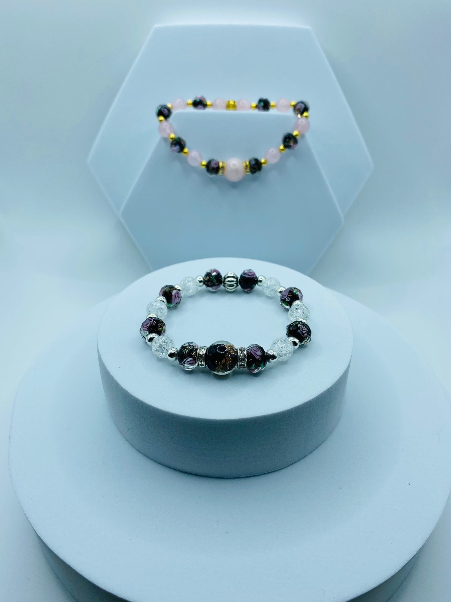 Lampwork Flower Glass Bead Bracelet: Crystal Quartz & Hematite Gemstone