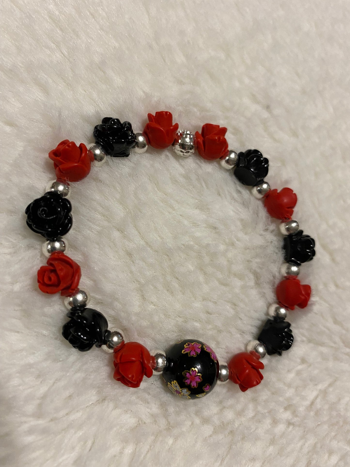 Red & Black Rose Bracelet: Floral Jewelry with Hematite Beads