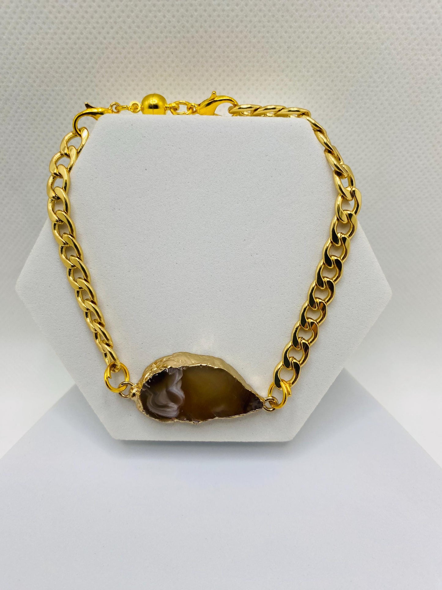 Gold Plated Cuban Link Bracelet: Agate Slice, Magnetic Clasp