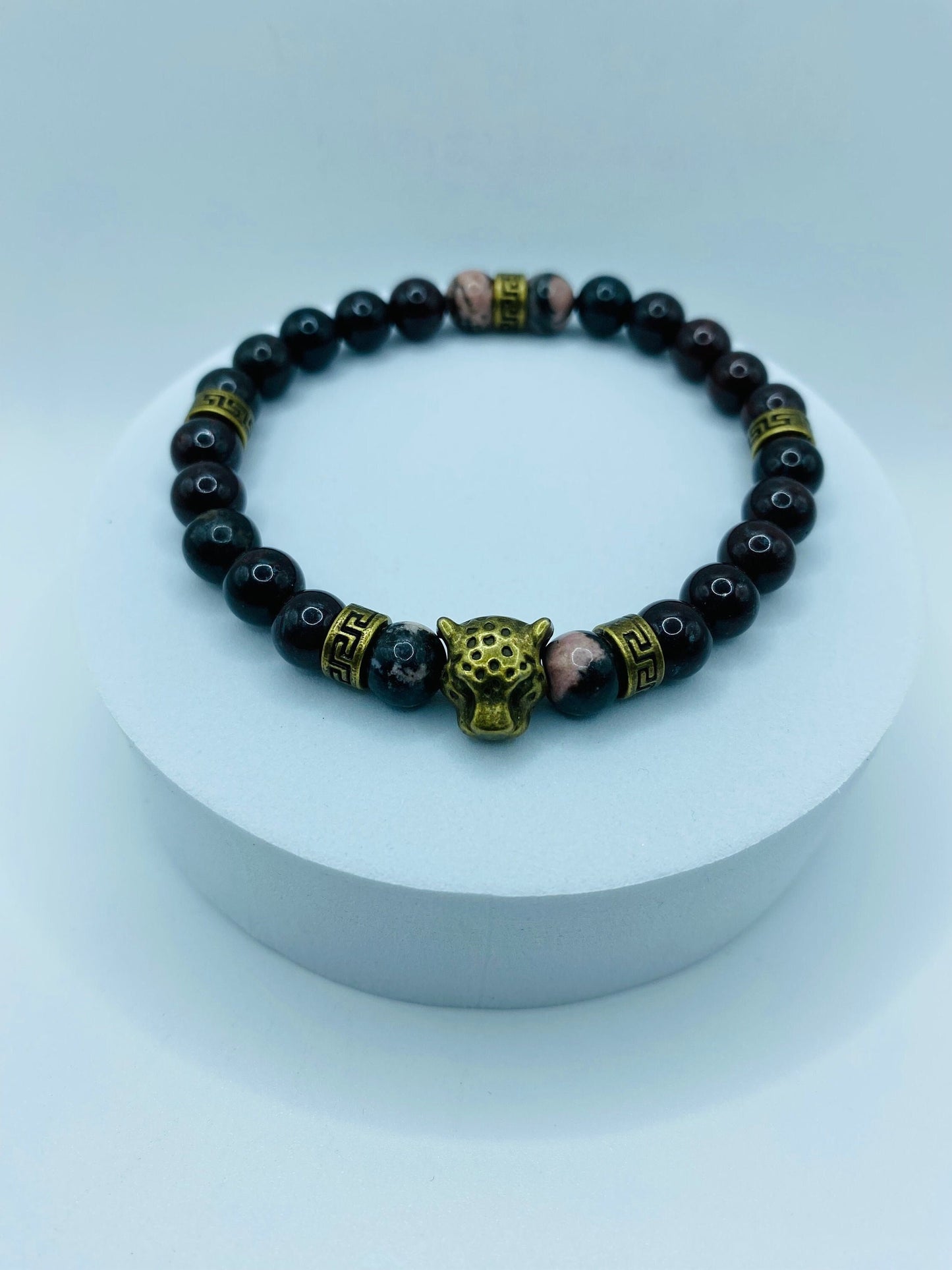 Mens Leopard Charm Bracelet: Bronzite Gemstone Beads, Tibetan Spacers