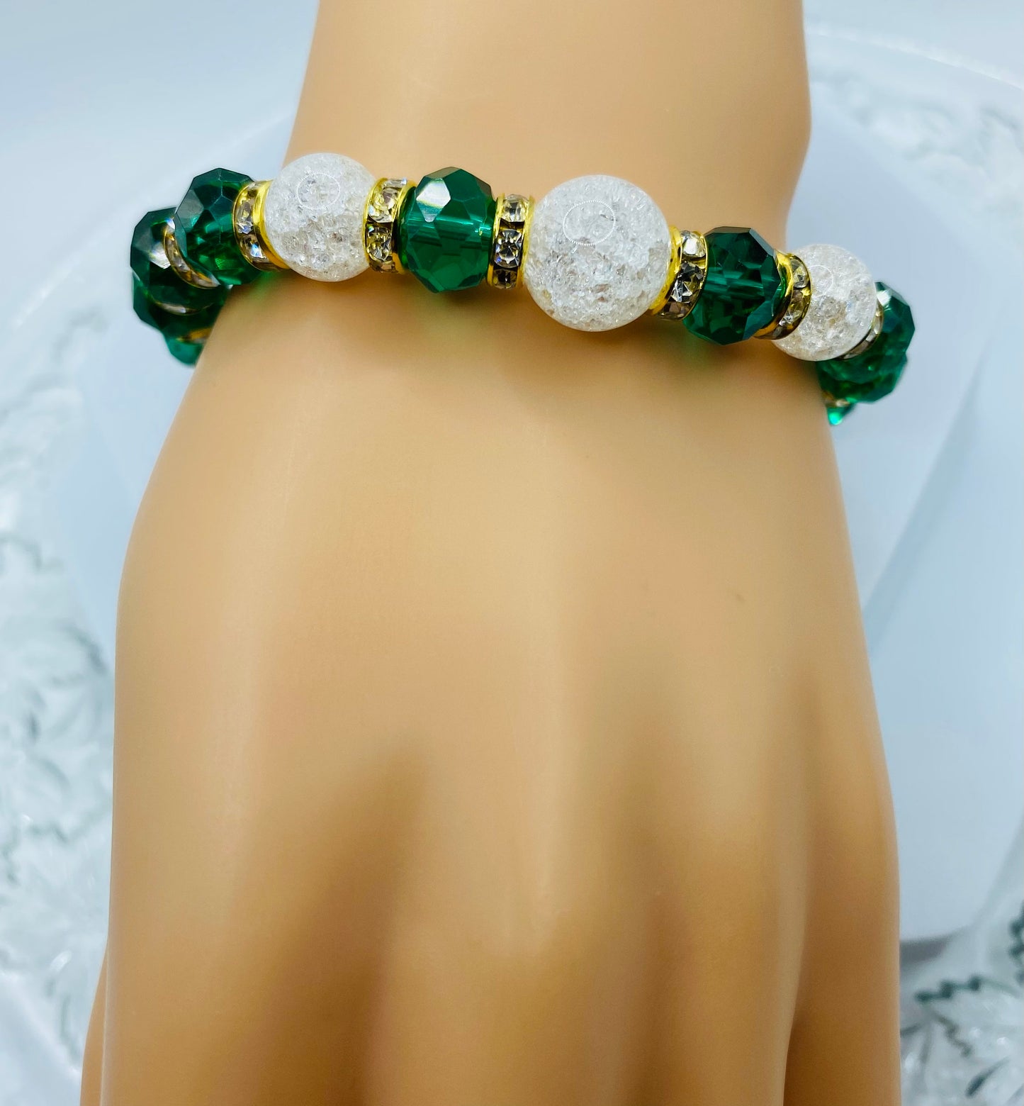 Emerald Green Crystal Bracelet: Crackle Quartz & Rhinestone Rondelles