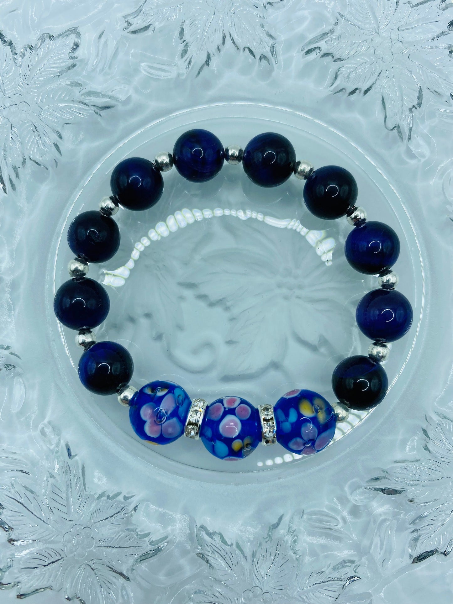 Blue Floral Lampwork Glass Bead Bracelet: Tigers Eye & Hematite