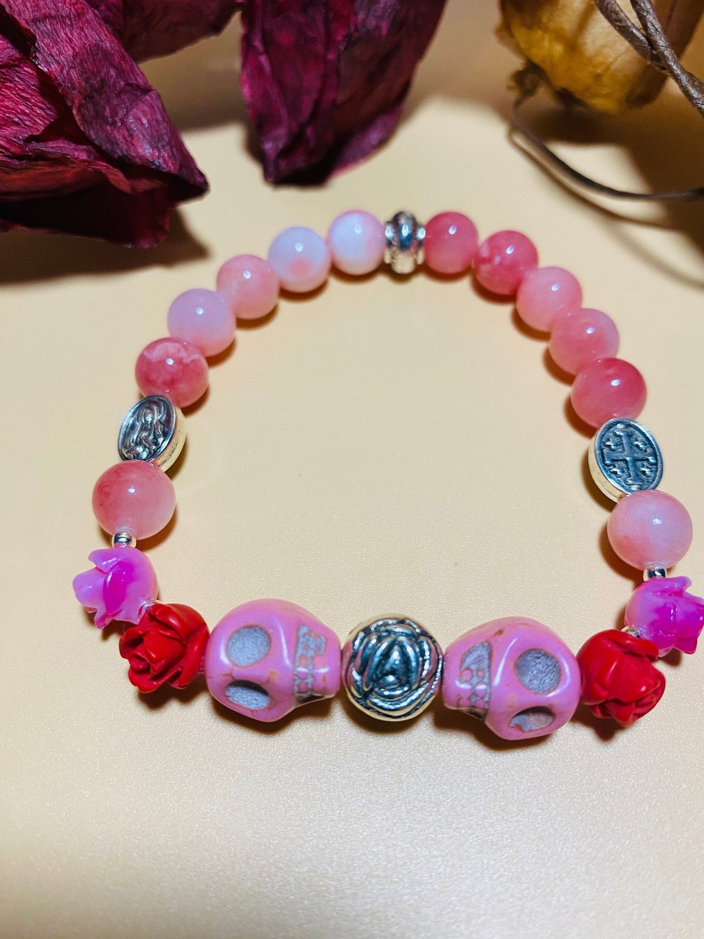 Day of the Dead Religious Jewelry, Jade Bracelet with Skull Beads & Roses, Flower Bracelet