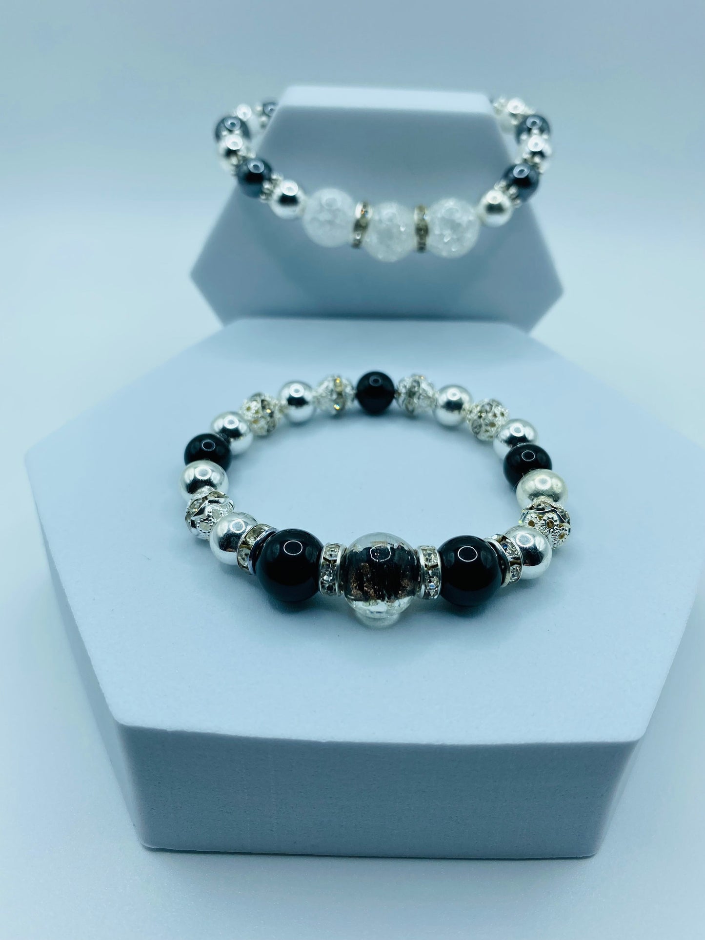 Men's Silver Hematite & Onyx Bracelet with Lampwork Glass Beads