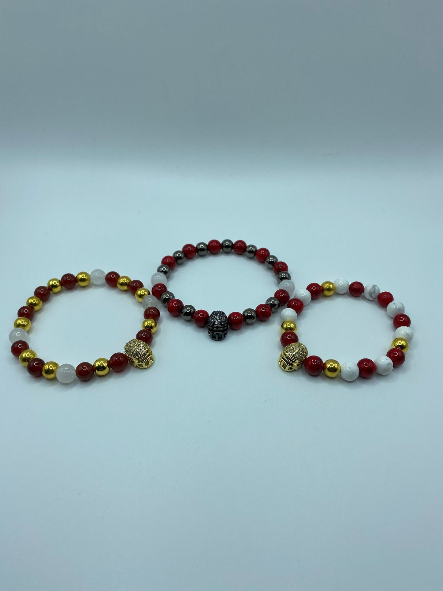 49ers Gemstone Bracelet: CZ Football Helmet, Jade & Carnelian Beads