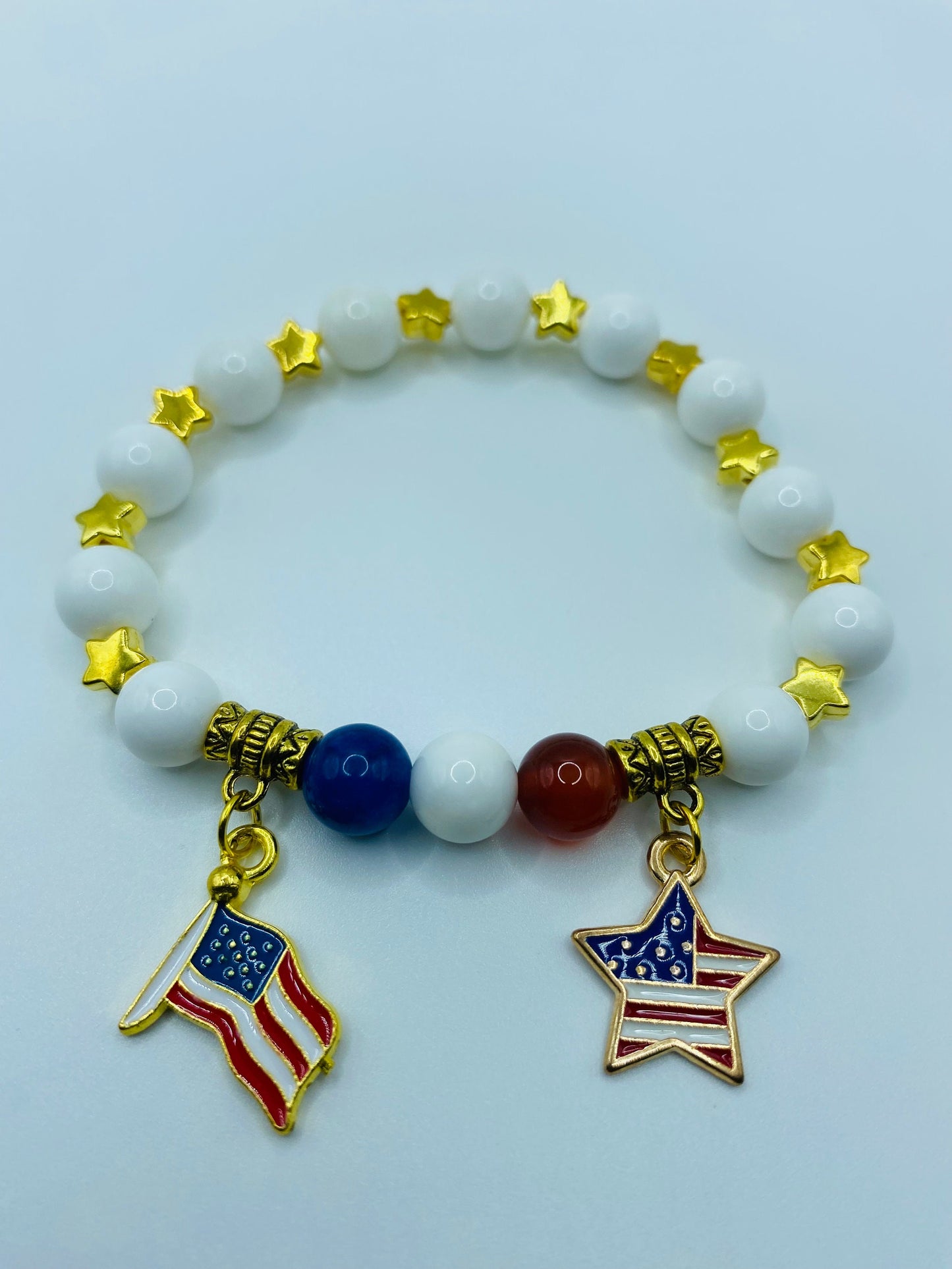 American Flag Charm Bracelet: Red Carnelian, Blue Agate, Mother of Pearl
