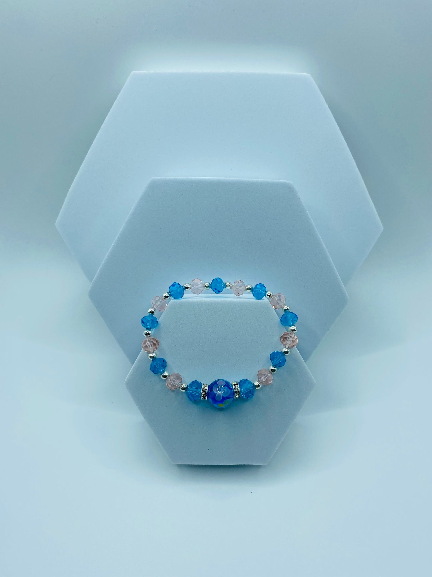 Floral Lampwork Glass Bead Bracelet: Pink & Blue Crystal