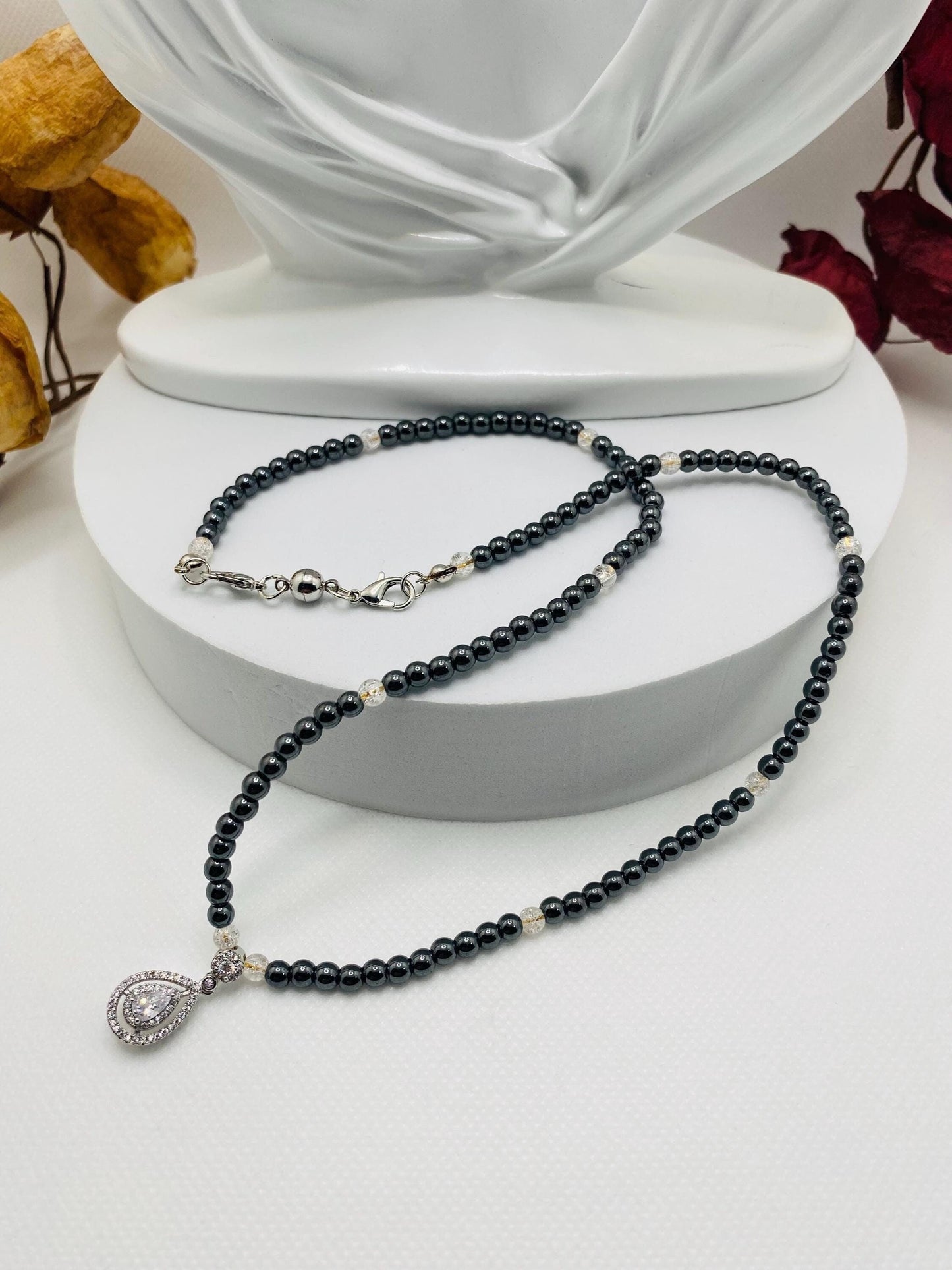 Womens Necklace Handmade Jewelry - Hematite Gemstone Beads & Zirconia Pendant, Gifts for her, Crystal Necklace
