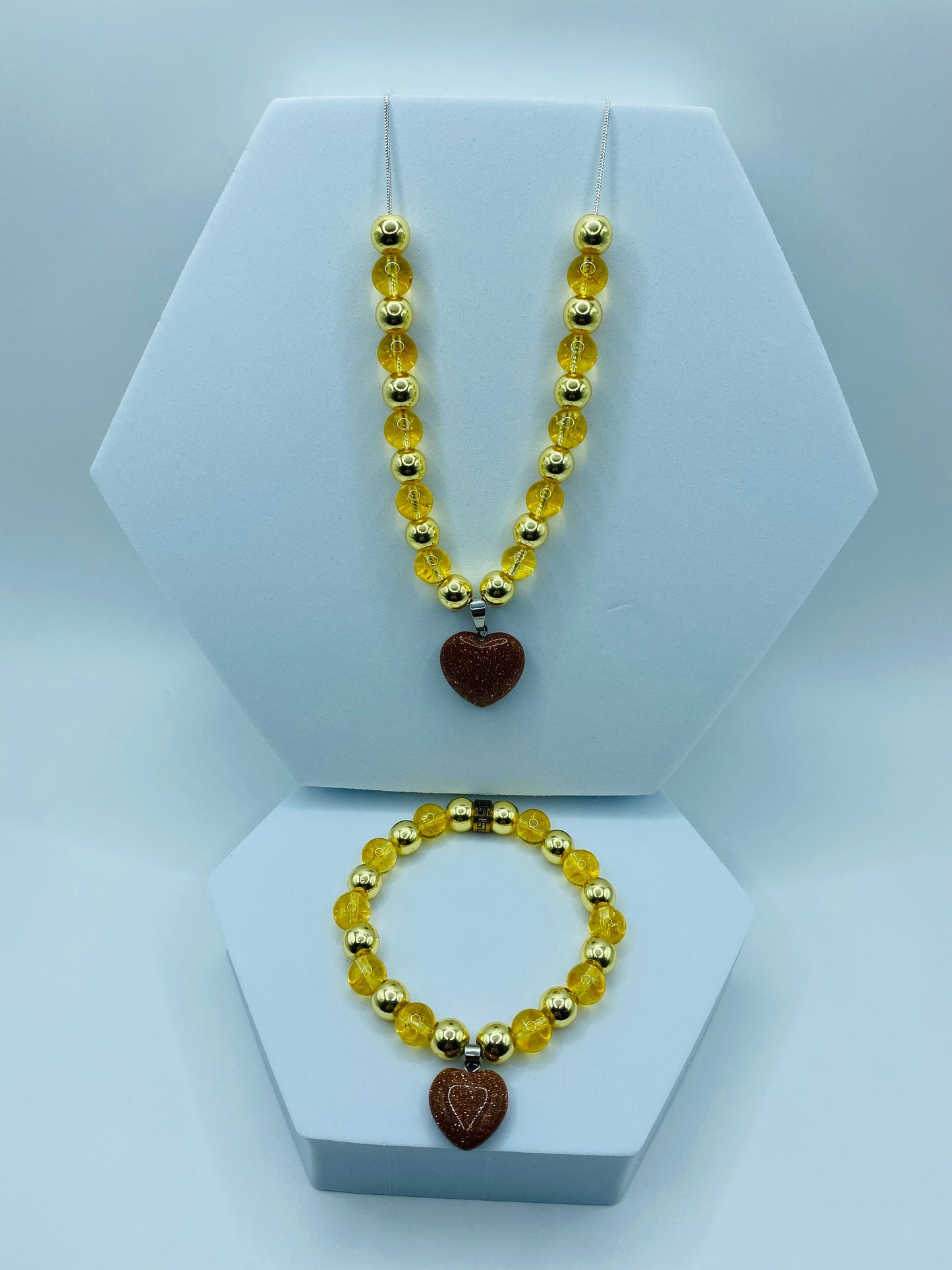 Womens Jewelry Citrine Necklace & Bracelet - Gold Hematite and Goldstone Heart Charms - Gifts for Women