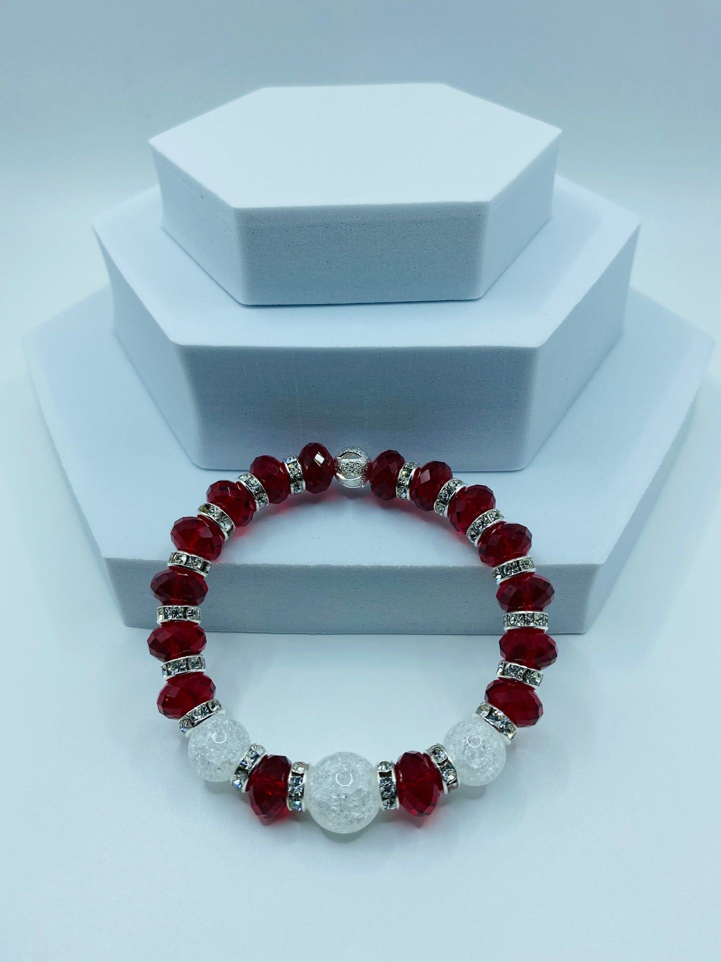 Red Crystal Glass Bracelet: Crackle Quartz Gemstone, Rhinestone Rondelles