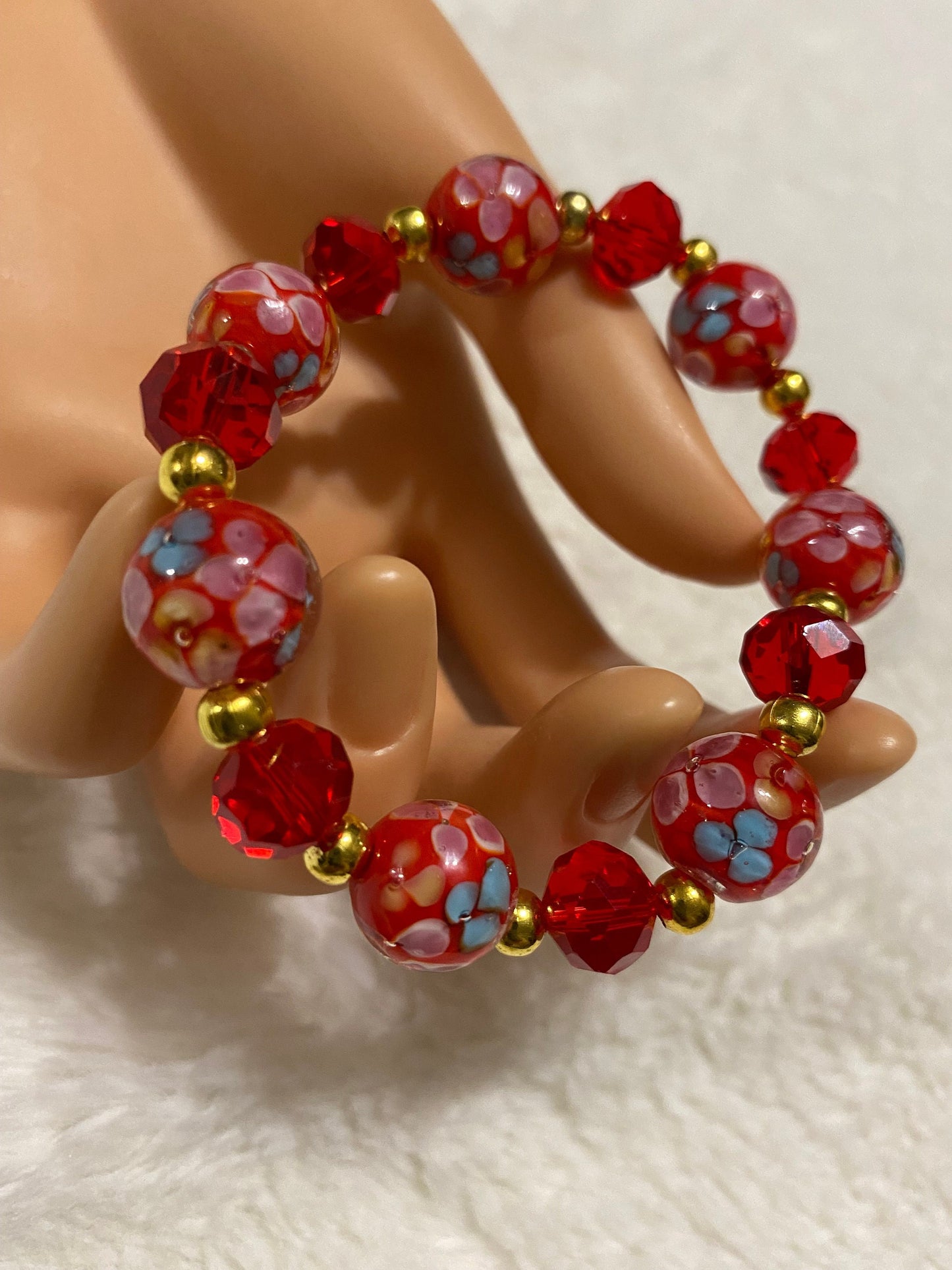 Red Floral Lampwork Glass Bead Bracelet: 18k Gold Hematite Accents