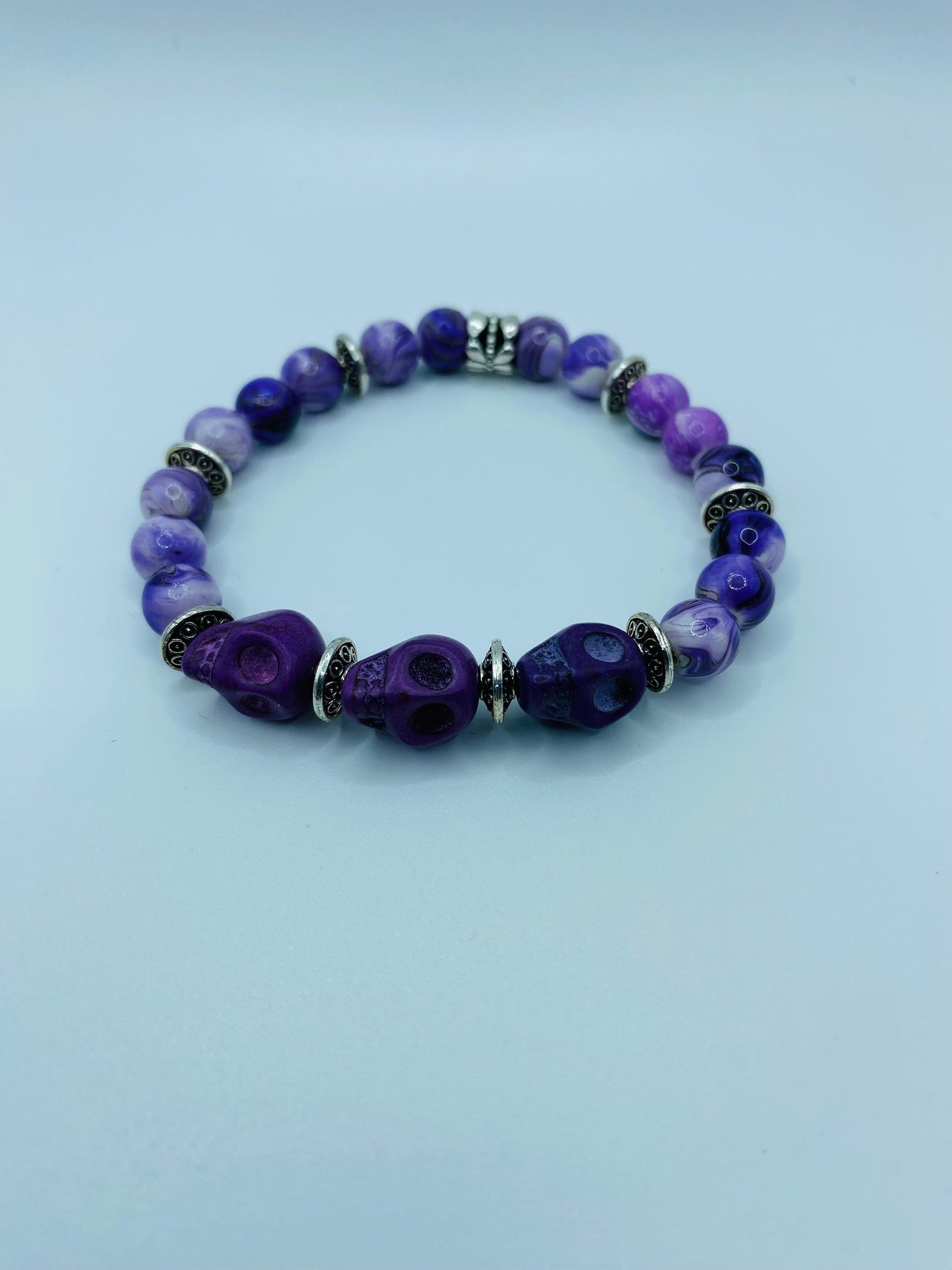 Purple Skull Charm Bracelet: Dia de Los Muertos Gemstone Jewelry