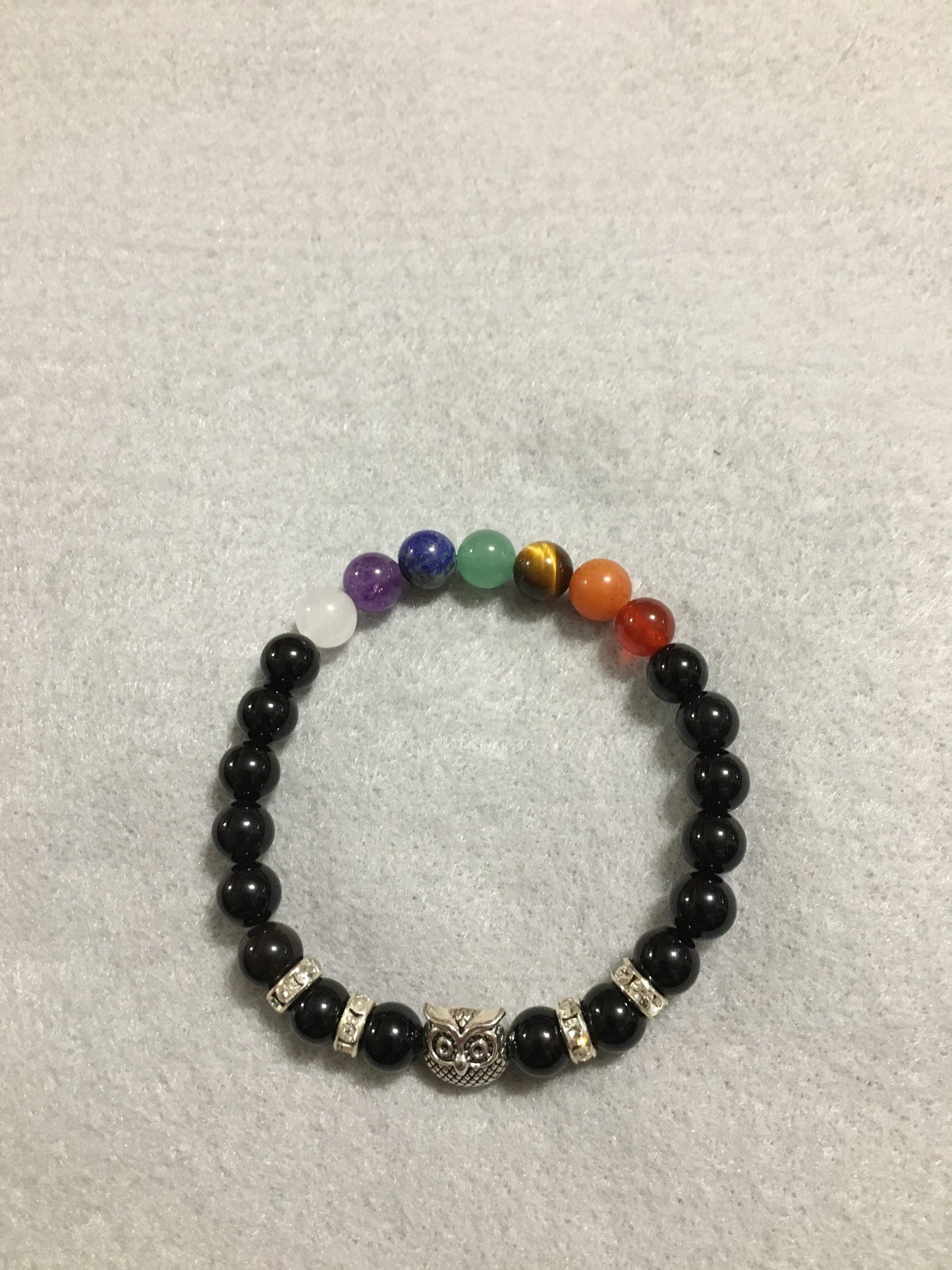 Chakra Stone Bracelet: Black Onyx Beads with Rhinestone Owl Charm