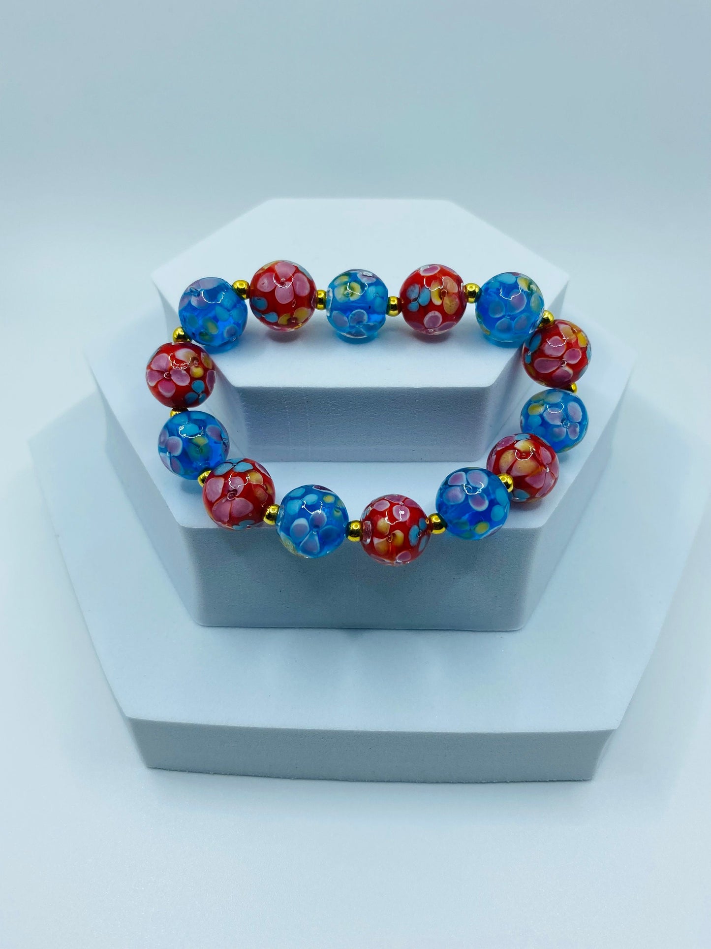 Floral Lampwork Glass Bead Bracelet: Red & Blue Murano Style