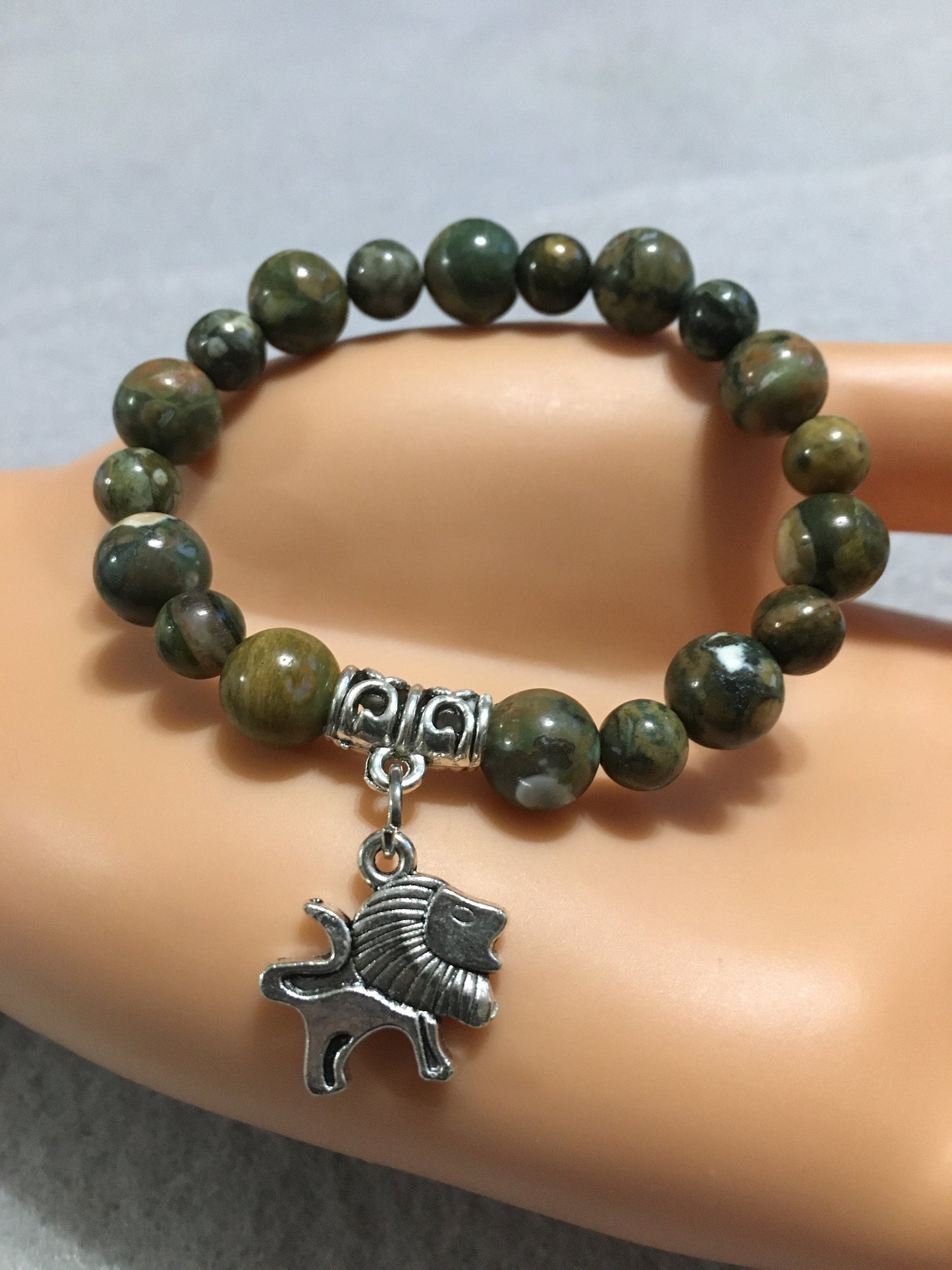 Lion Charm Bracelet: Rhyolite Gemstone Beads, Antique Silver Lion