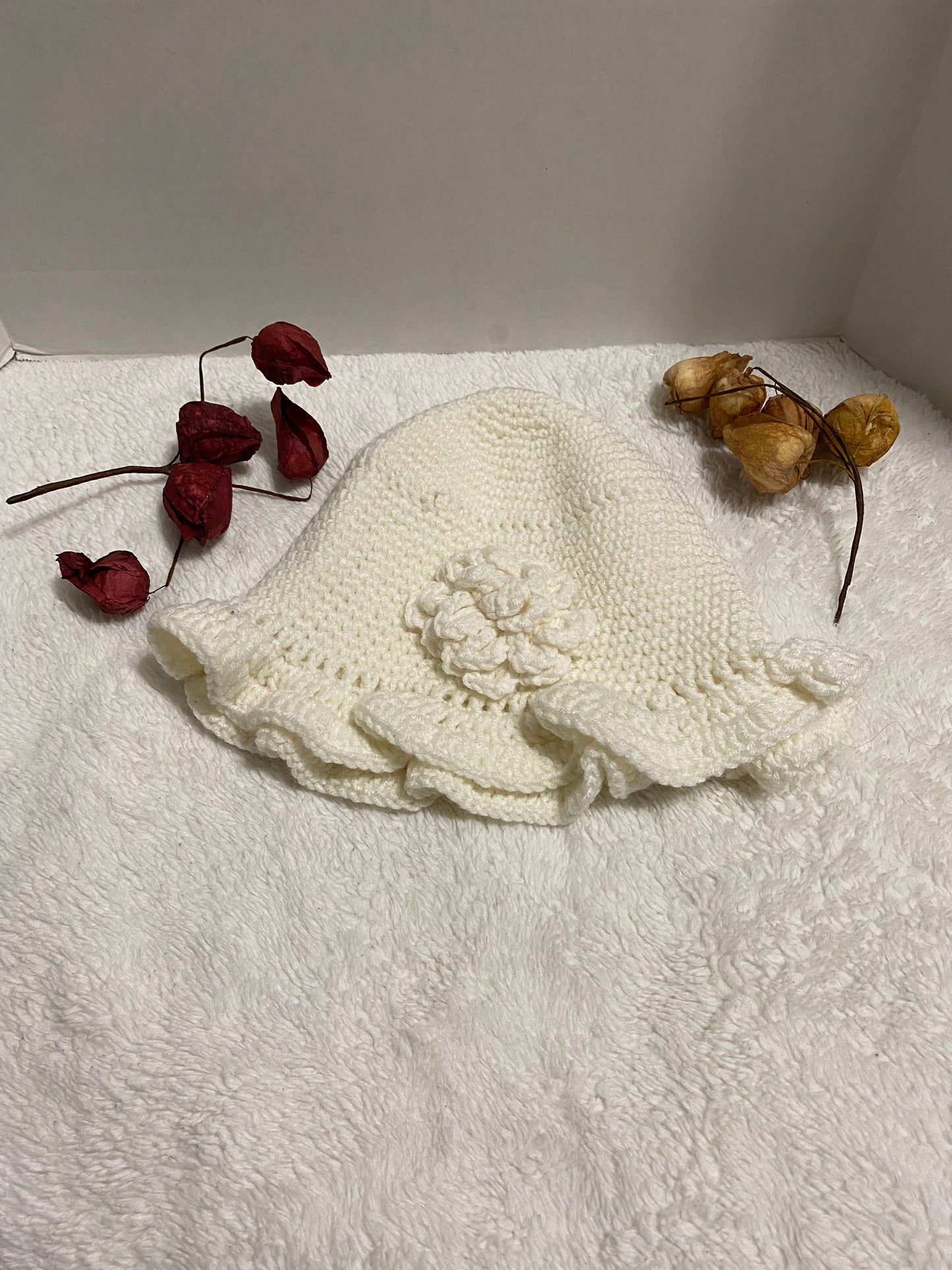 Handmade Crochet Bucket Hat: White Acrylic Flower Hat