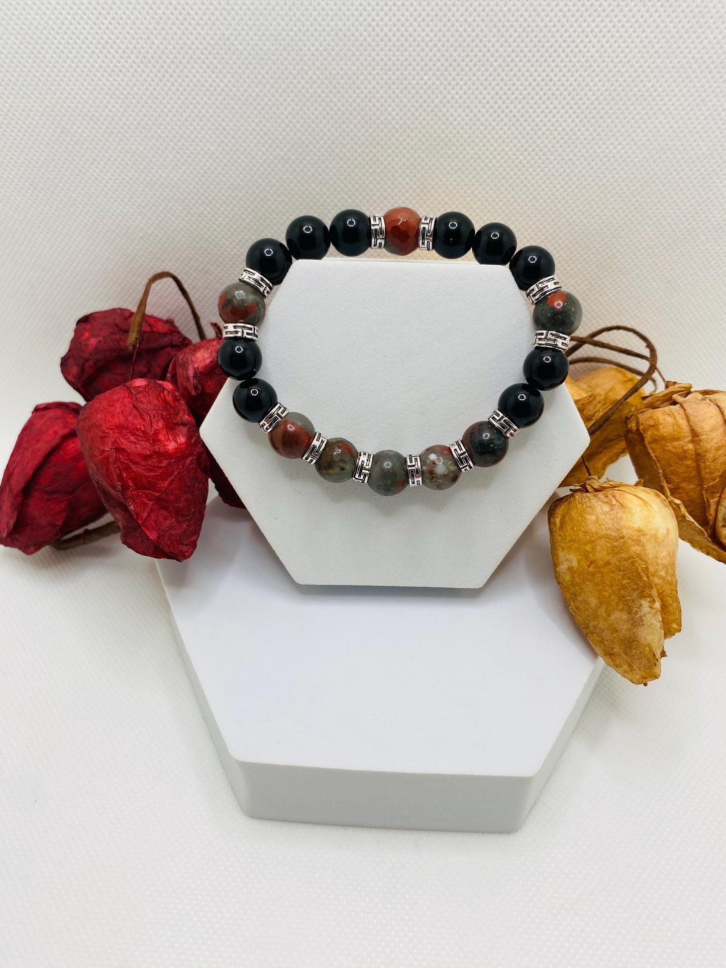 Mens Beaded Bracelet with Onyx & African Jasper Bloodstones, Tibetan Jewelry, Gifts for Men