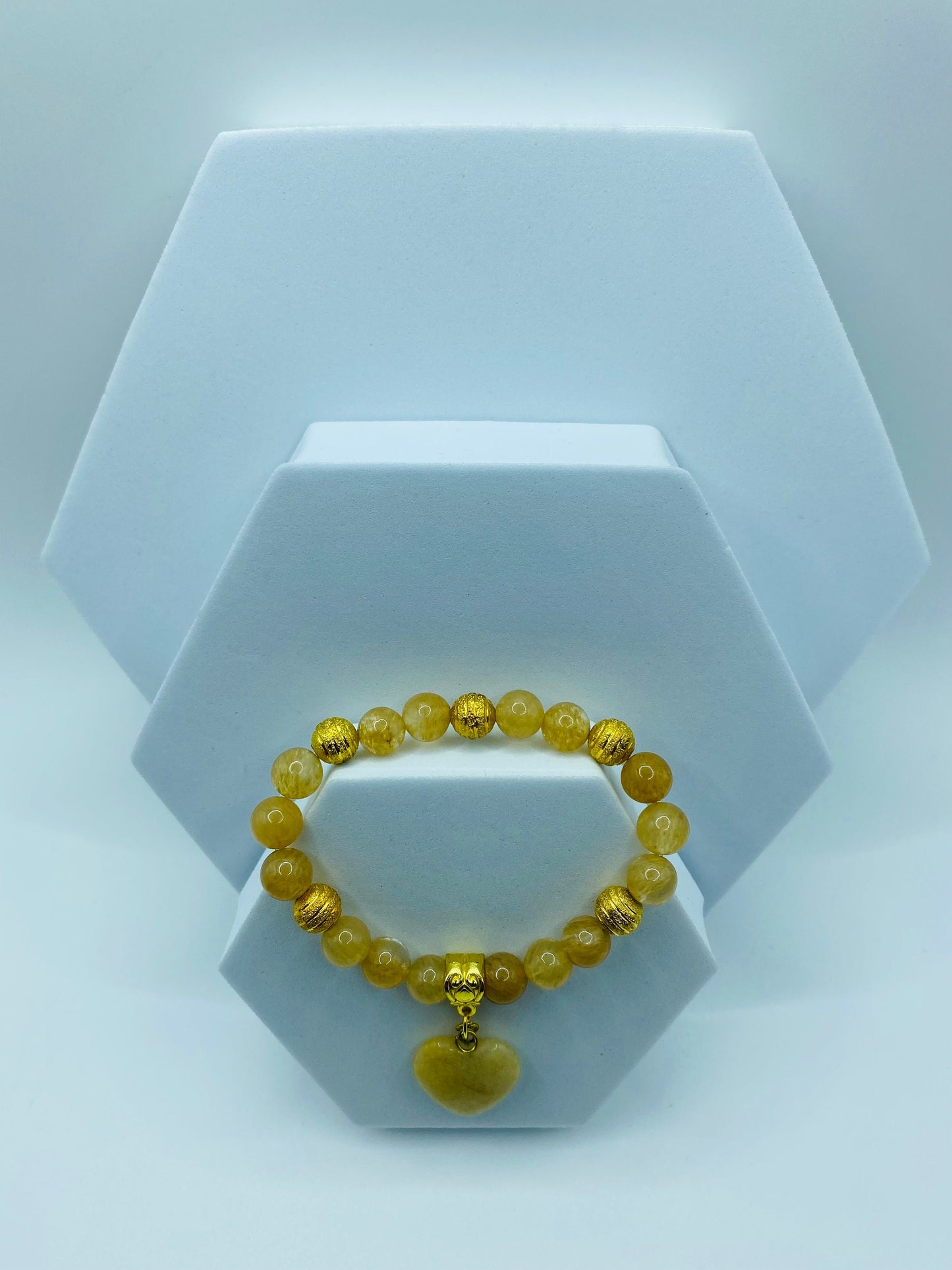 Rutilated Quartz Bracelet: 18K Gold Plated Heart Charm, Gemstone Beads