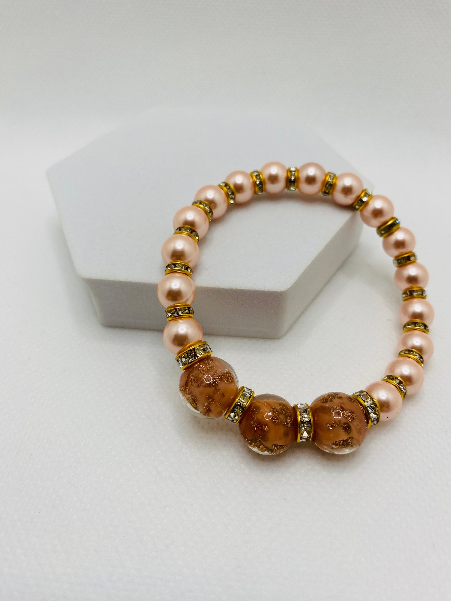 Pink Mother of Pearl Bracelet: Lampwork Glass Beads & Gold Rondelles