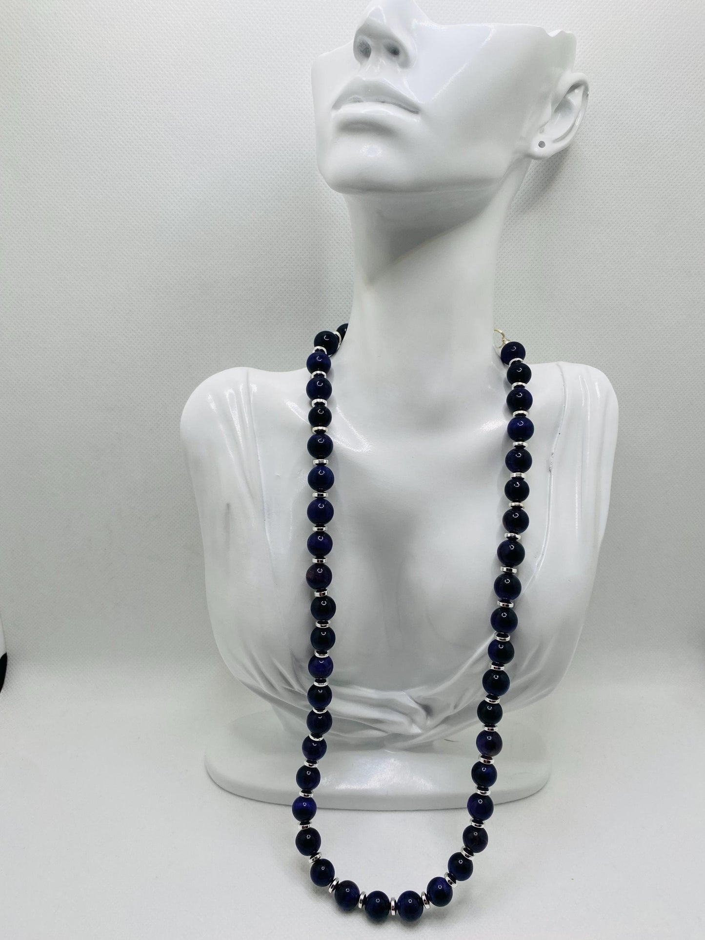 Purple Tigers Eye Necklace: Silver Hematite Gemstone Beaded Jewelry