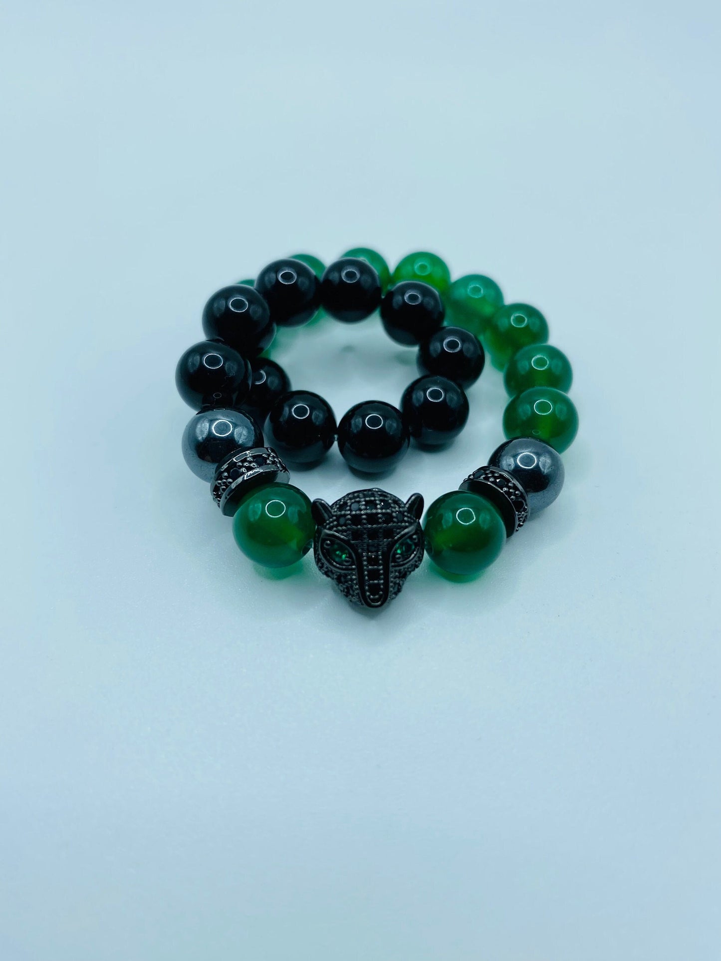 Handmade Black Panther Charm Bracelet: Onyx, Jade & Hematite Gemstone Beads