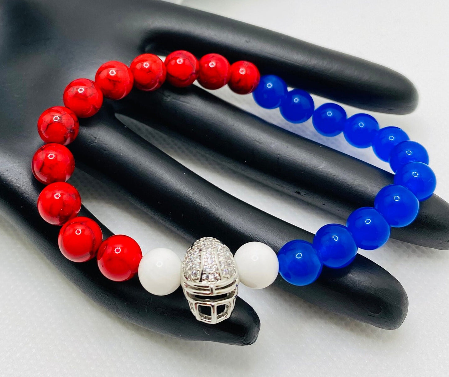 Buffalo Bills Beaded Bracelet: Red Turquoise, Blue Chalcedony, Football Helmet Charm