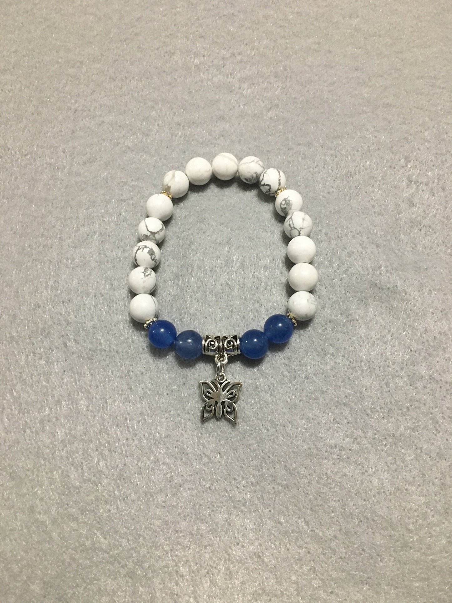 Butterfly Charm Bracelet: Blue Lace Agate & Howlite Gemstone Beads